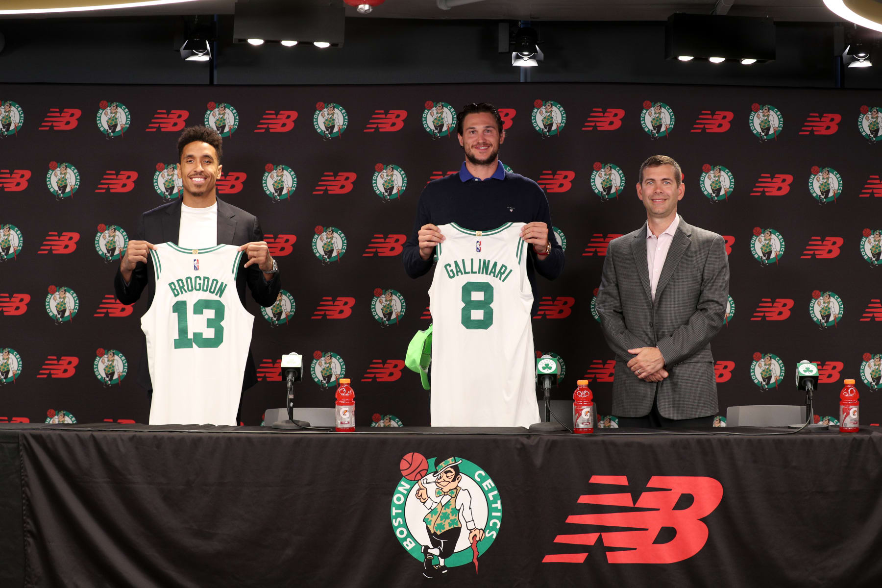 BOSTON, MA - JULY 12: The Boston Celtics introduce new players Malcolm Brogdon and Danilo Gallinari during a press conference on July 12, 2022 at the Auerbach Center in Boston, Massachusetts. NOTE TO USER: User expressly acknowledges and agrees that, by downloading and or using this photograph, User is consenting to the terms and conditions of the Getty Images License Agreement. Mandatory Copyright Notice: Copyright 2022 NBAE (Photo by Chris Marion/NBAE via Getty Images) BOSTON, MA - JULY 12: The Boston Celtics introduce new players Malcolm Brogdon and Danilo Gallinari during a press conference on July 12, 2022 at the Auerbach Center in Boston, Massachusetts. NOTE TO USER: User expressly acknowledges and agrees that, by downloading and or using this photograph, User is consenting to the terms and conditions of the Getty Images License Agreement. Mandatory Copyright Notice: Copyright 2022 NBAE (Photo by Chris Marion/NBAE via Getty Images)