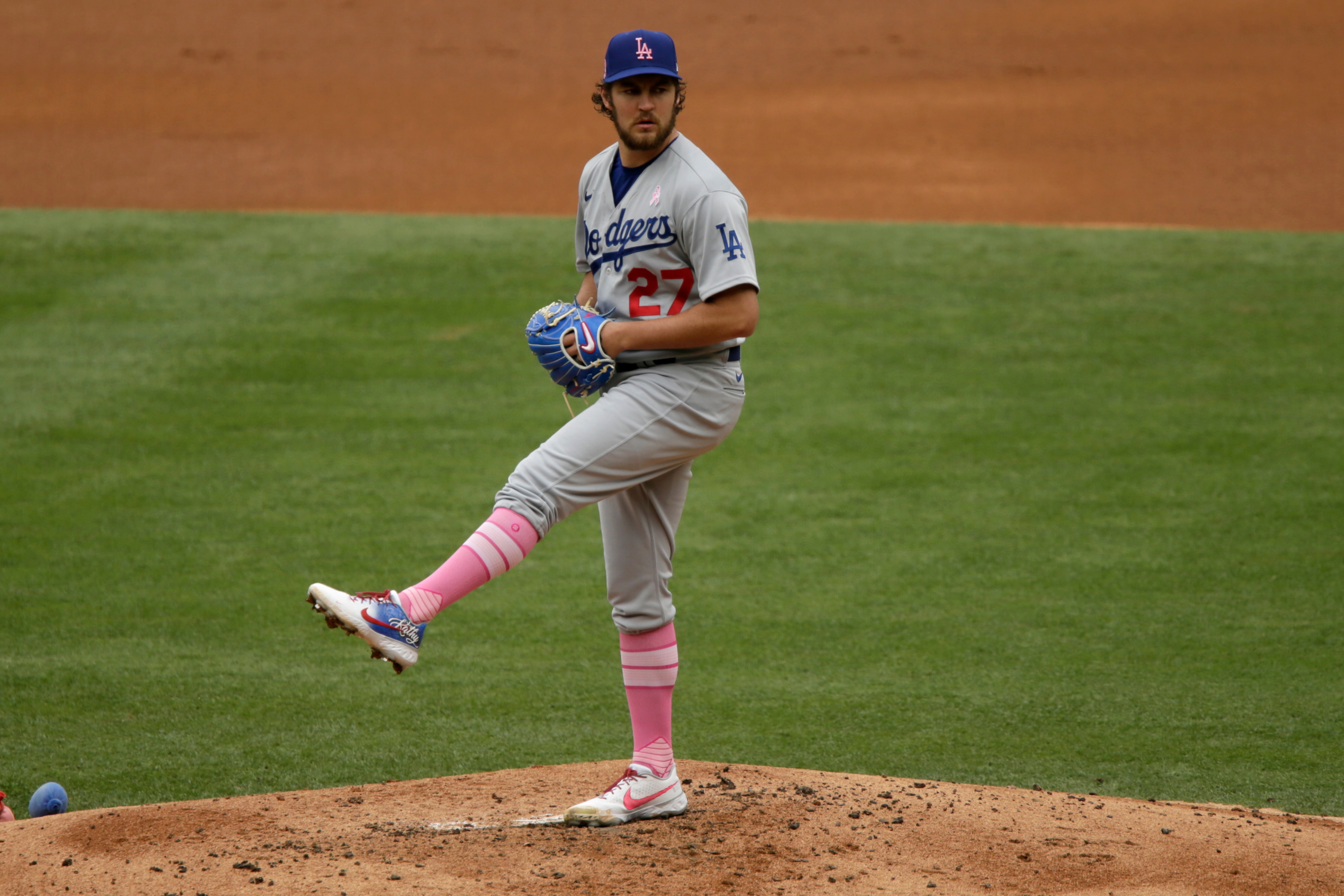 Los Angeles Dodgers starting pitcher Trevor Bauer throws to a Los Angeles Angels batter during the first inning of a baseball game in Anaheim, Calif., Sunday, May 9, 2021. (AP Photo/Alex Gallardo)