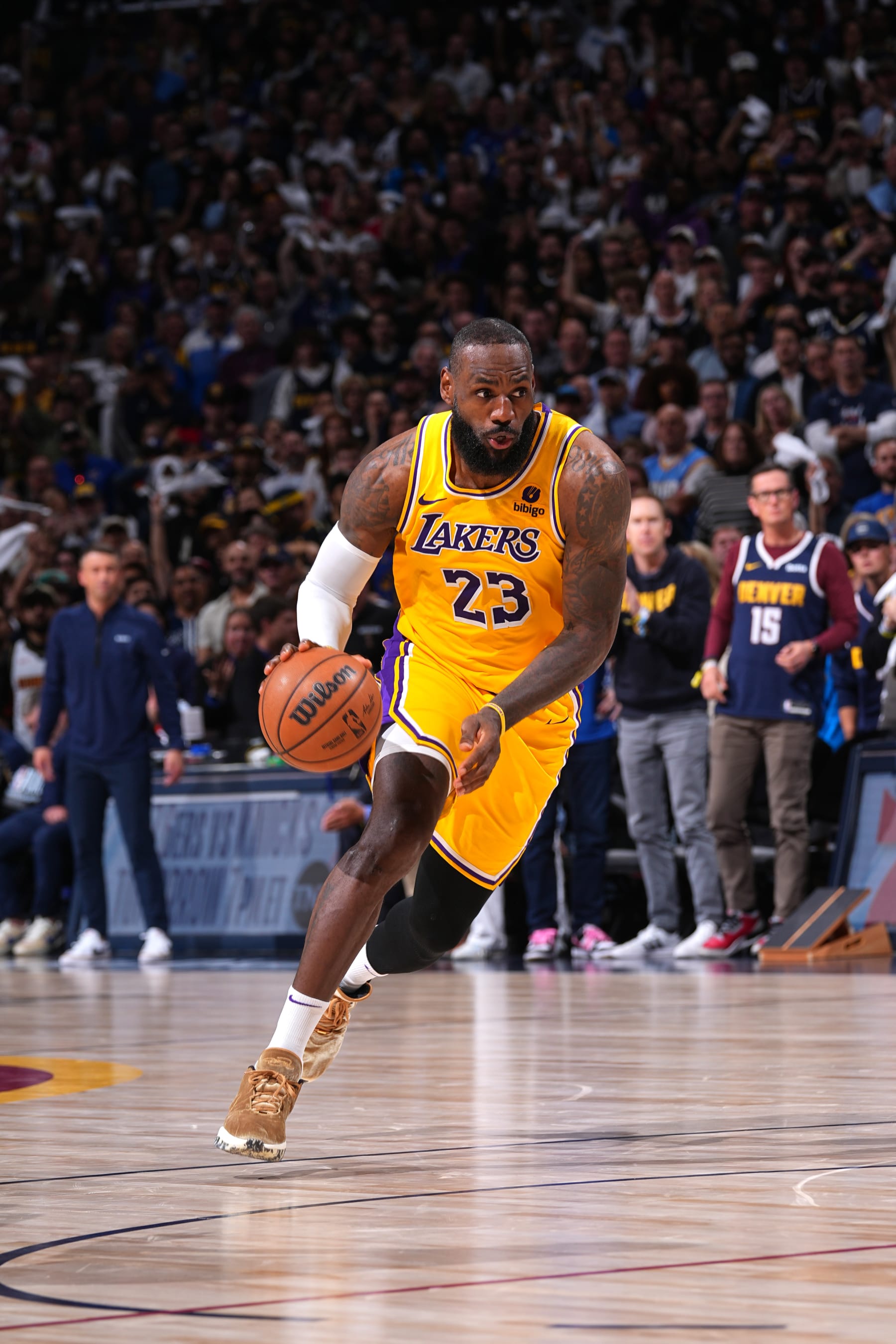 DENVER, CO - APRIL 29: LeBron James #23 of the Los Angeles Lakers drives to the basket during the game against the Denver Nuggets during Round One Game Five of the 2024 NBA Playoffs on April 29, 2024 at the Ball Arena in Denver, Colorado. NOTE TO USER: User expressly acknowledges and agrees that, by downloading and/or using this Photograph, user is consenting to the terms and conditions of the Getty Images License Agreement. Mandatory Copyright Notice: Copyright 2024 NBAE (Photo by Bart Young/NBAE via Getty Images)