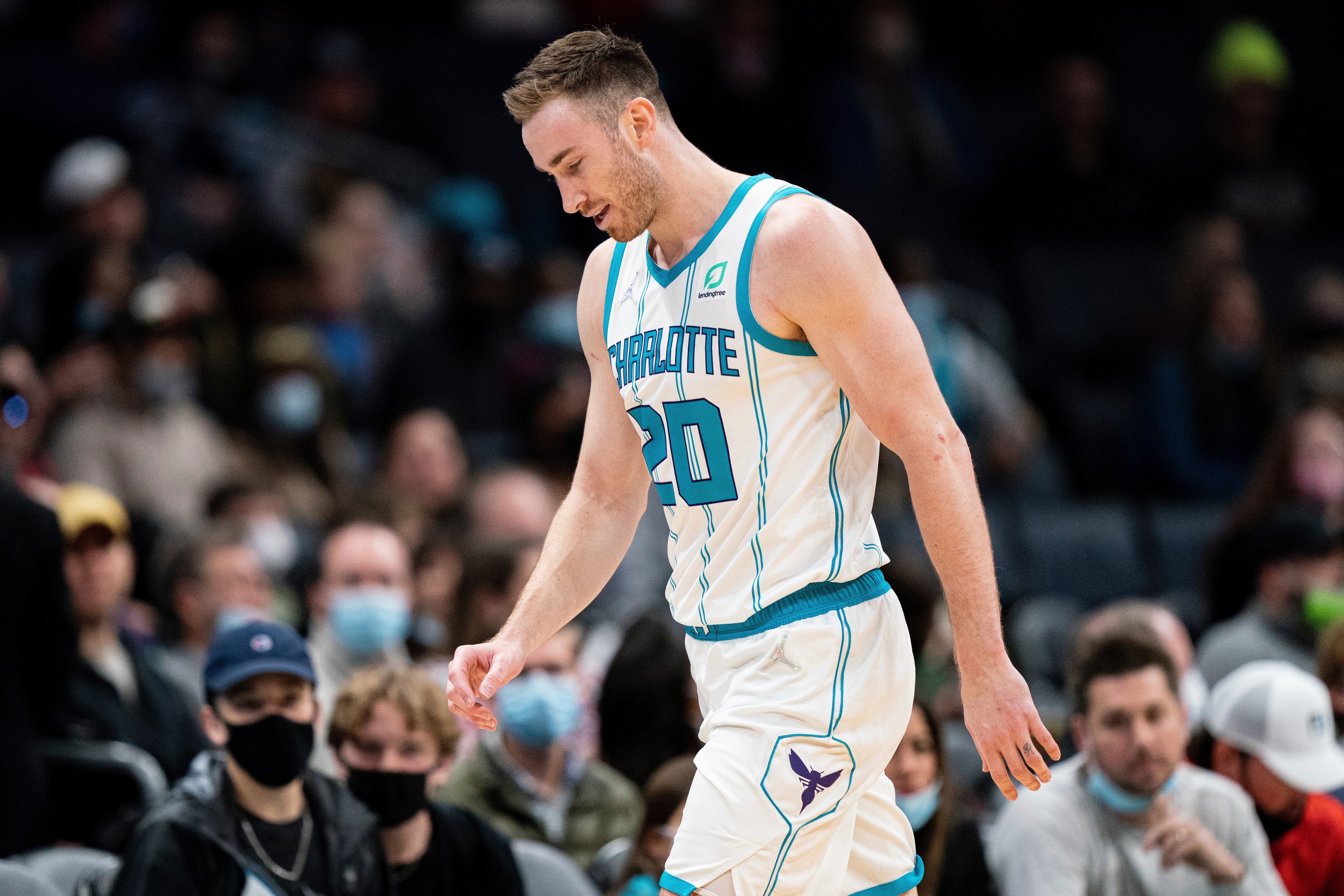 Charlotte Hornets forward Gordon Hayward (20) walks off the court during the first half of an NBA basketball game against the Toronto Raptors in Charlotte, N.C., Monday, Feb. 7, 2022. (AP Photo/Jacob Kupferman)