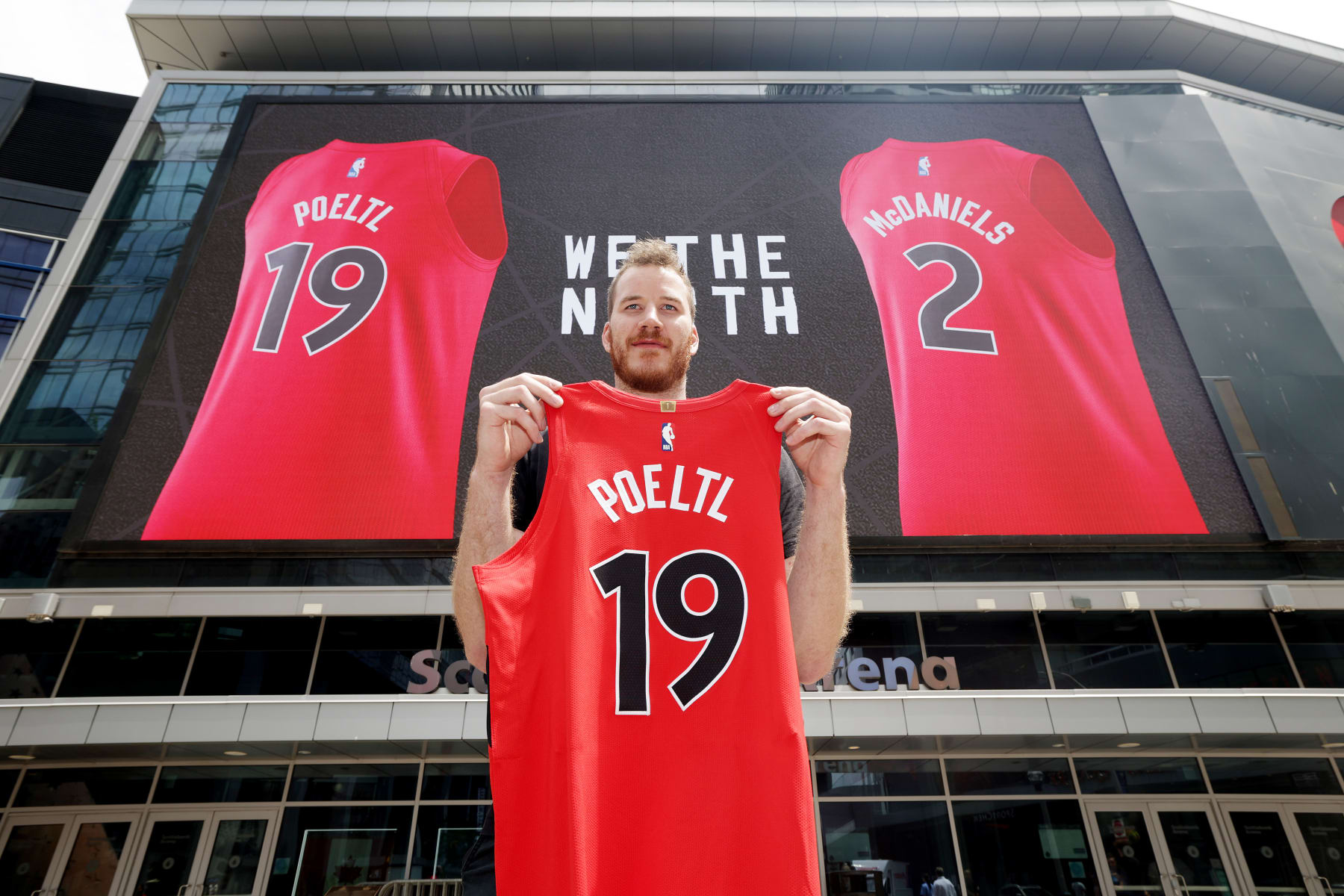TORONTO, ON- JULY 6  - Jakob Poeltl poses for a question as the Toronto Raptors announce the resigning of Jakob Poeltl and introduce free agent Jaylen McDaniels at Scotiabank Arena in Toronto. July 6, 2023.        (Steve Russell/Toronto Star via Getty Images)