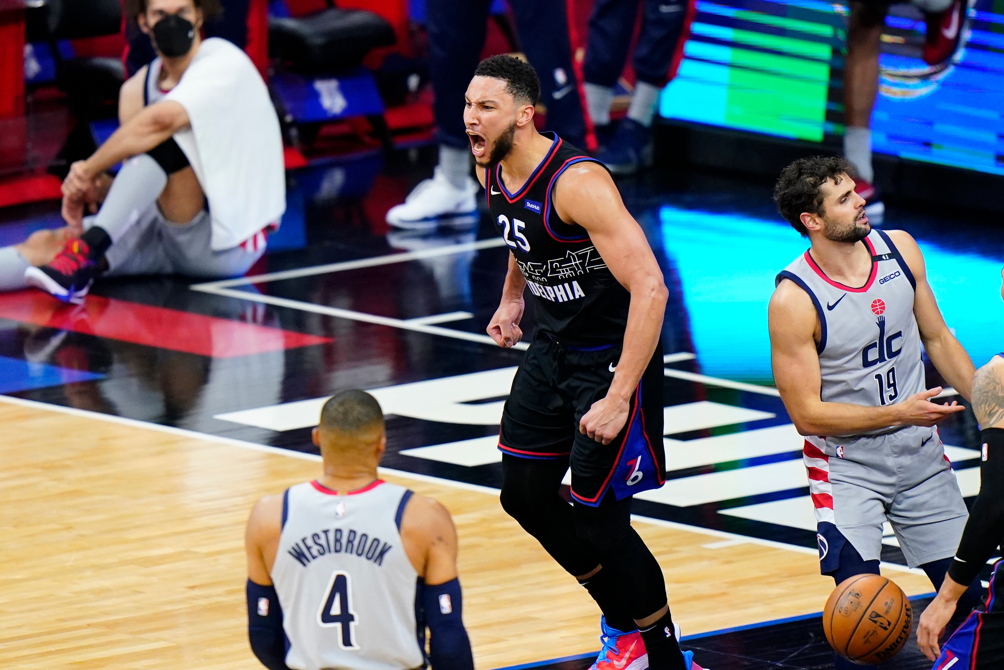 Philadelphia 76ers' Ben Simmons reacts after a dunk during the second half of Game 1 of a first-round NBA basketball playoff series against the Washington Wizards, Sunday, May 23, 2021, in Philadelphia. (AP Photo/Matt Slocum)