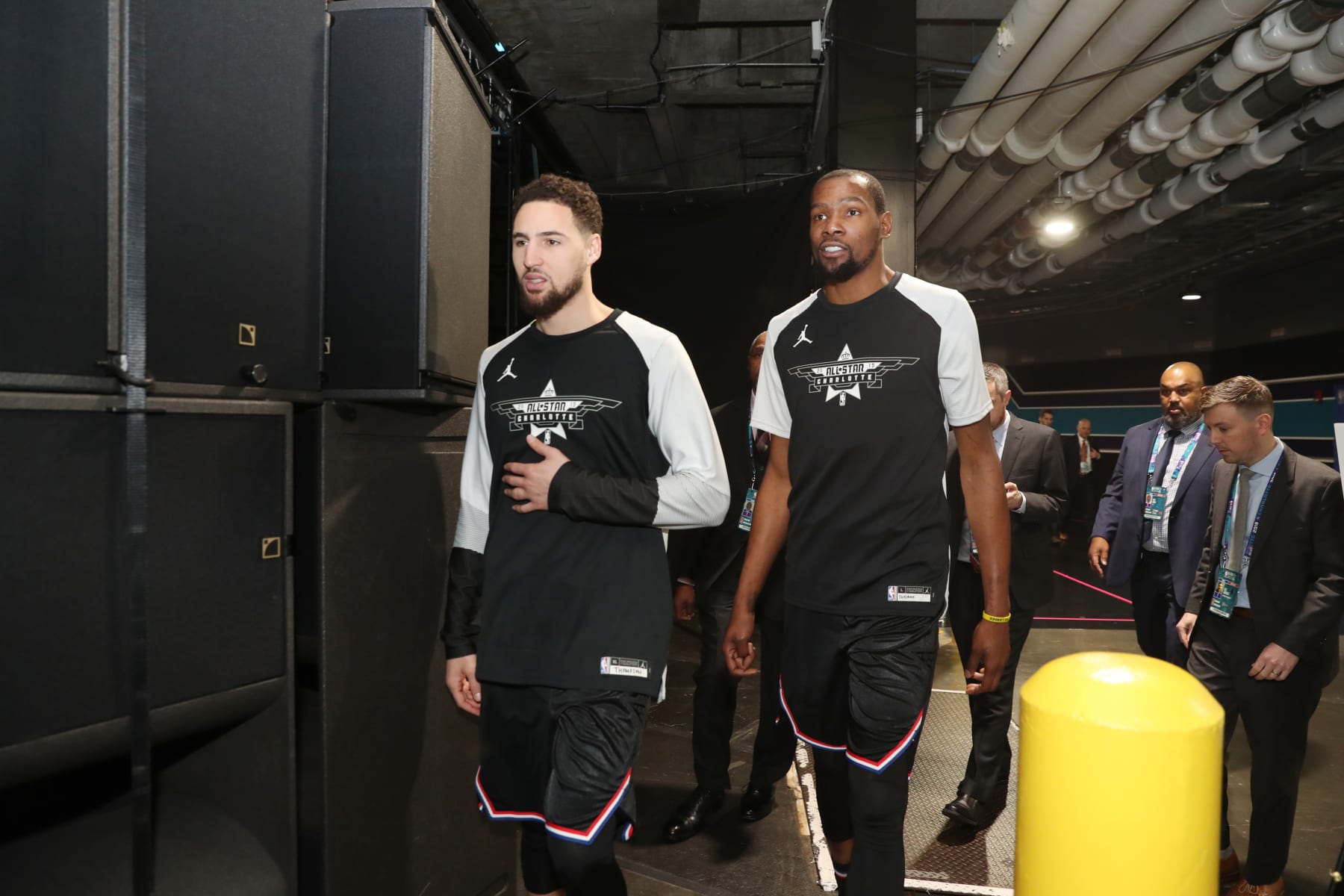 CHARLOTTE, NC - FEBRUARY 17:  Klay Thompson #11 and Kevin Durant #35 of Team LeBron look on during the 2019 NBA All-Star Game on February 17, 2019 at the Spectrum Center in Charlotte, North Carolina. NOTE TO USER: User expressly acknowledges and agrees that, by downloading and/or using this photograph, user is consenting to the terms and conditions of the Getty Images License Agreement. Mandatory Copyright Notice: Copyright 2019 NBAE (Photo by Michael J. LeBrecht II/NBAE via Getty Images)