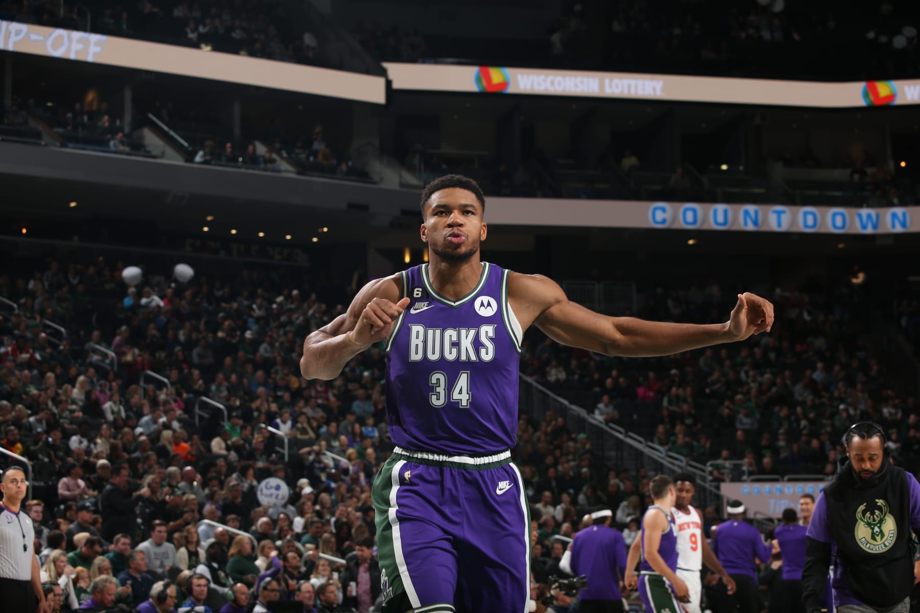 MILWAUKEE, WI - OCTOBER 28: Giannis Antetokounmpo #34 of the Milwaukee Bucks walks onto the court before the game against the New York Knicks on October 28, 2022 at the Fiserv Forum Center in Milwaukee, Wisconsin. NOTE TO USER: User expressly acknowledges and agrees that, by downloading and or using this Photograph, user is consenting to the terms and conditions of the Getty Images License Agreement. Mandatory Copyright Notice: Copyright 2022 NBAE (Photo by Gary Dineen/NBAE via Getty Images).