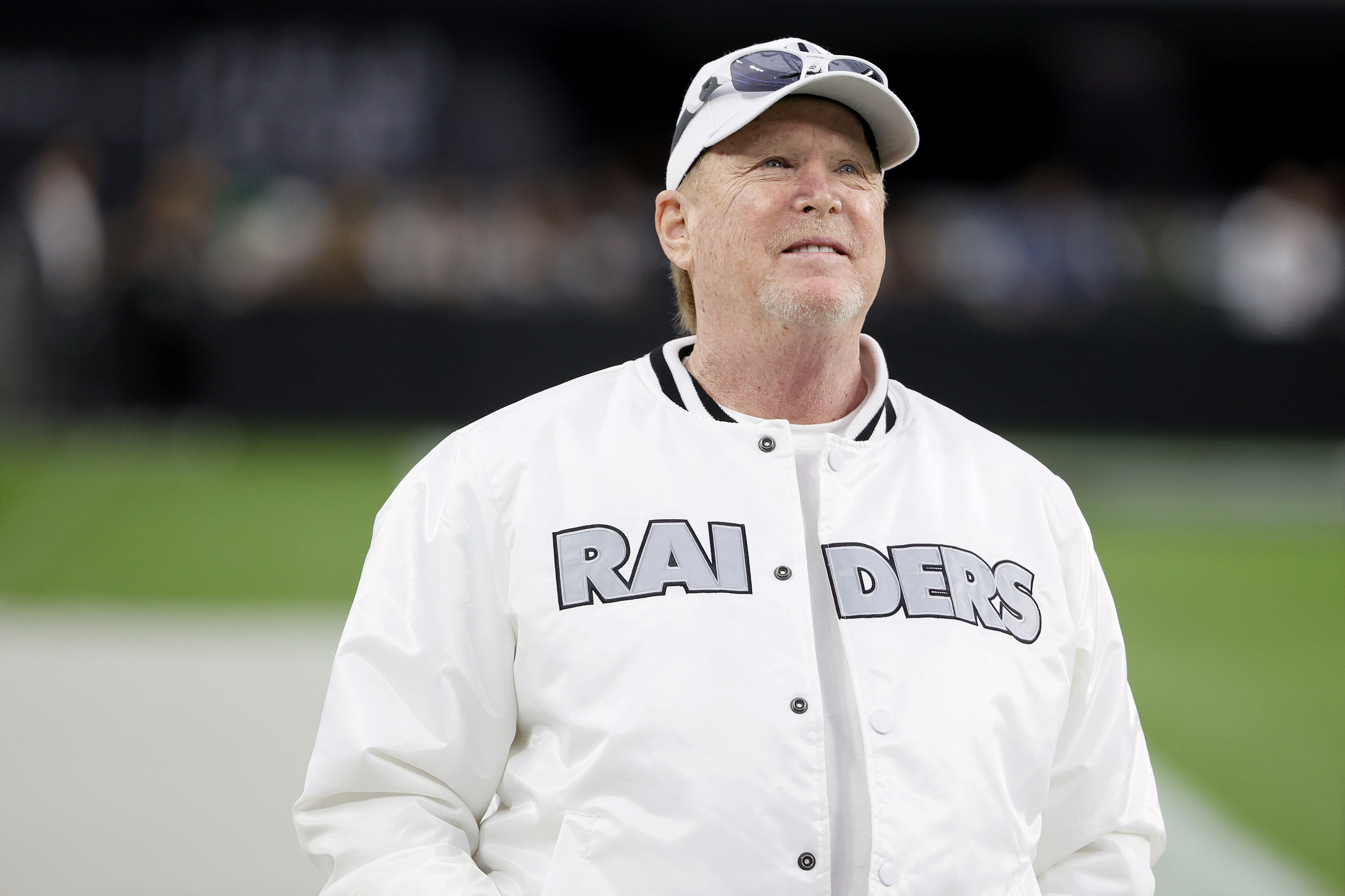 LAS VEGAS, NEVADA - OCTOBER 24: Owner and managing general partner Mark Davis of the Las Vegas Raiders stands on the team's sideline before a game against the Philadelphia Eagles at Allegiant Stadium on October 24, 2021 in Las Vegas, Nevada. (Photo by Ethan Miller/Getty Images)