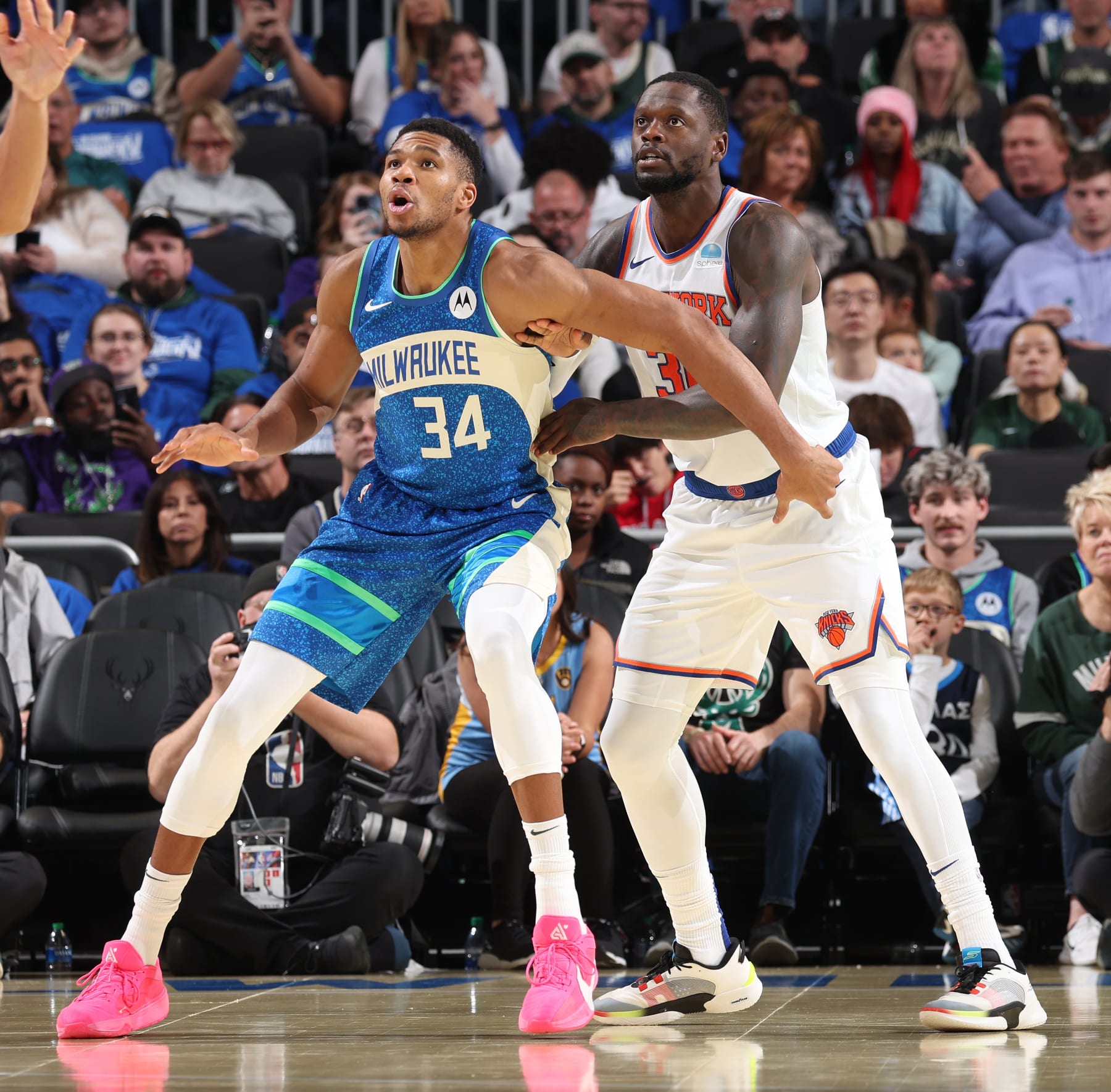 MILWAUKEE, WI -  NOVEMBER 3: Giannis Antetokounmpo #34 of the Milwaukee Bucks boxes out during the game against the New York Knicks on November 3, 2023 at Fiserv Forum in Milwaukee, Wisconsin. NOTE TO USER: User expressly acknowledges and agrees that, by downloading and or using this Photograph, user is consenting to the terms and conditions of the Getty Images License Agreement. Mandatory Copyright Notice: Copyright 2023 NBAE (Photo by David Sherman/NBAE via Getty Images)
