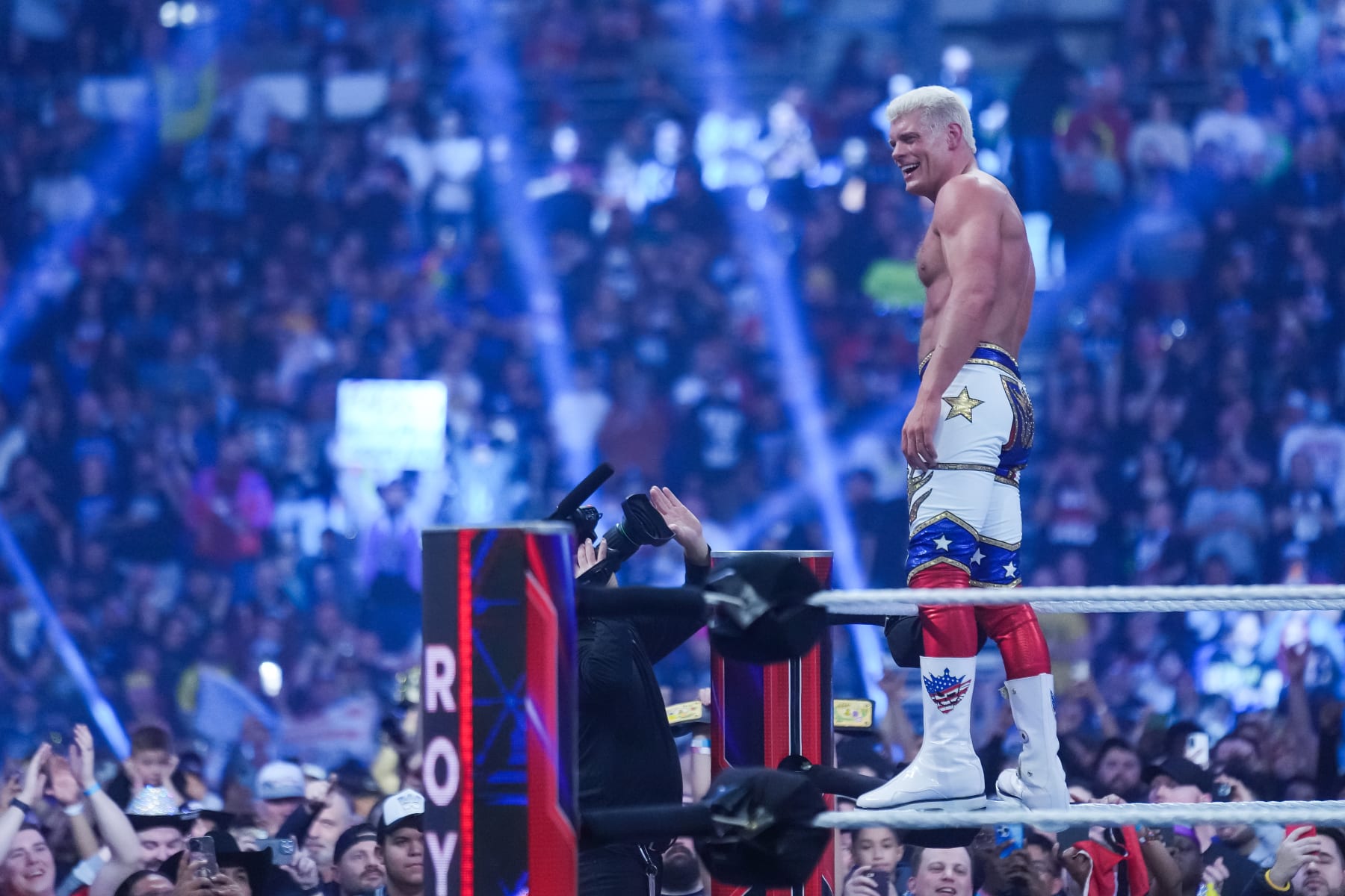 SAN ANTONIO, TEXAS - JANUARY 28: Cody Rhodes reacts after winning the WWE Royal Rumble at Alamodome on January 28, 2023 in San Antonio, Texas. (Photo by Alex Bierens de Haan/Getty Images)