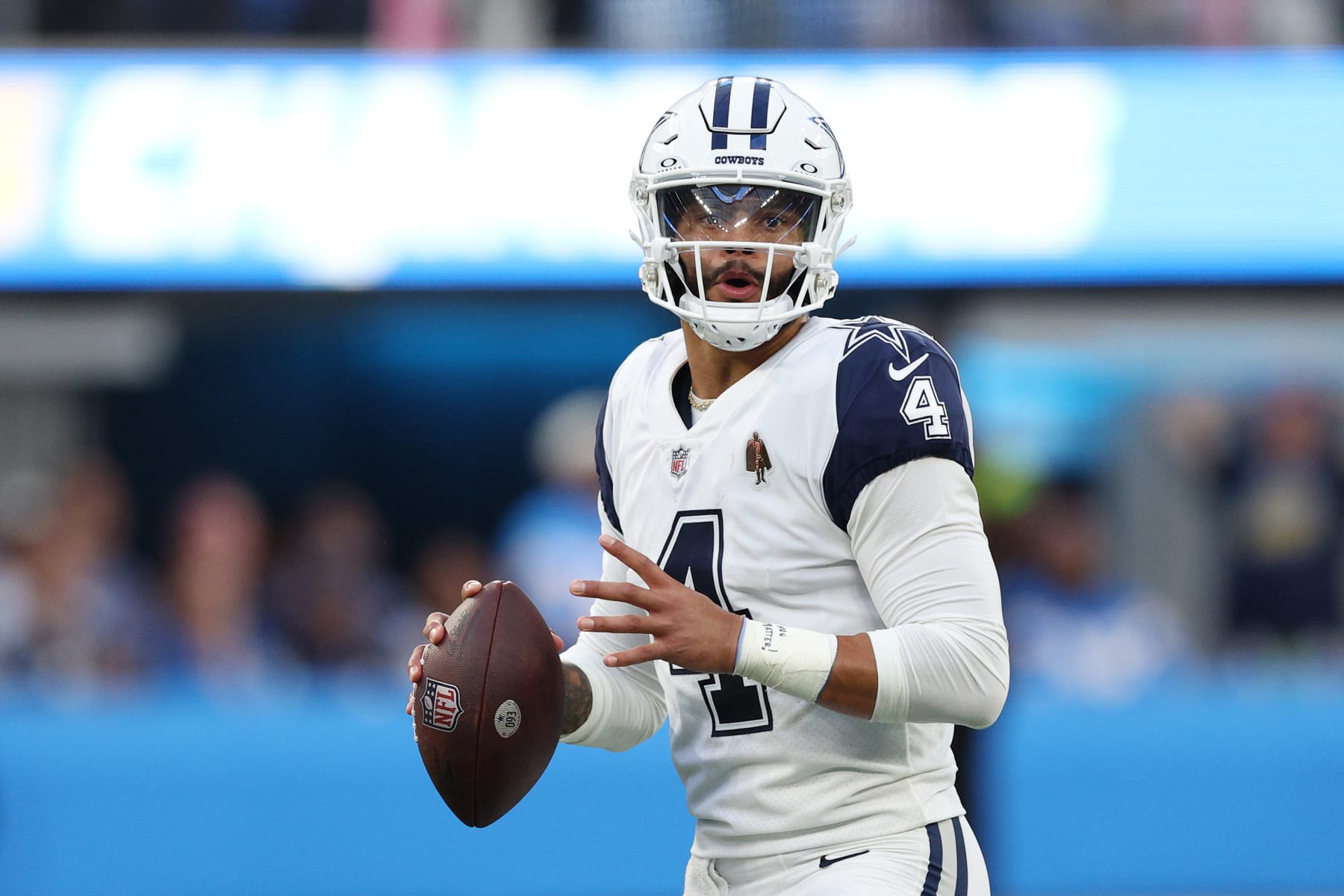 INGLEWOOD, CALIFORNIA - OCTOBER 16: Dak Prescott #4 of the Dallas Cowboys looks to pass in the first half against the Los Angeles Chargers at SoFi Stadium on October 16, 2023 in Inglewood, California. (Photo by Harry How/Getty Images)