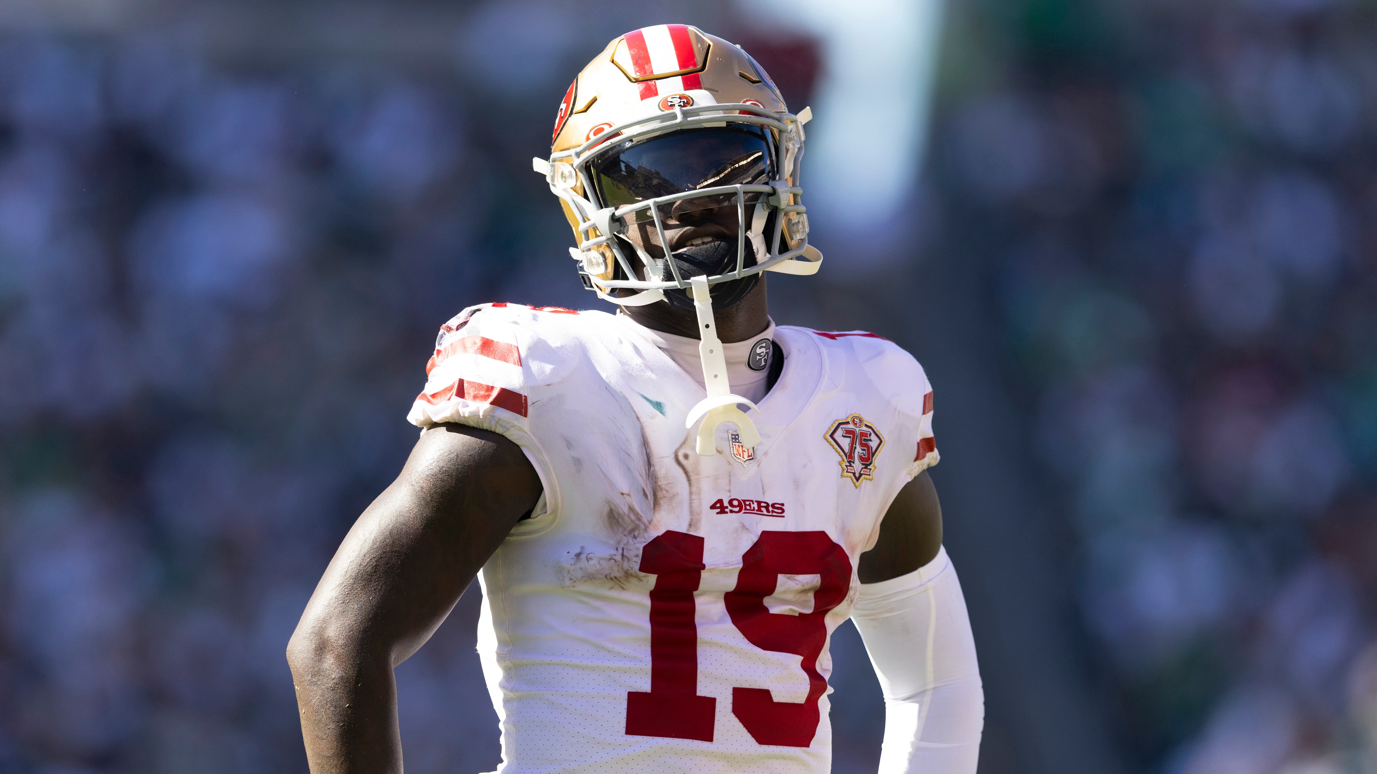 PHILADELPHIA, PA - SEPTEMBER 19: Deebo Samuel #19 of the San Francisco 49ers looks on against the Philadelphia Eagles at Lincoln Financial Field on September 19, 2021 in Philadelphia, Pennsylvania. (Photo by Mitchell Leff/Getty Images)