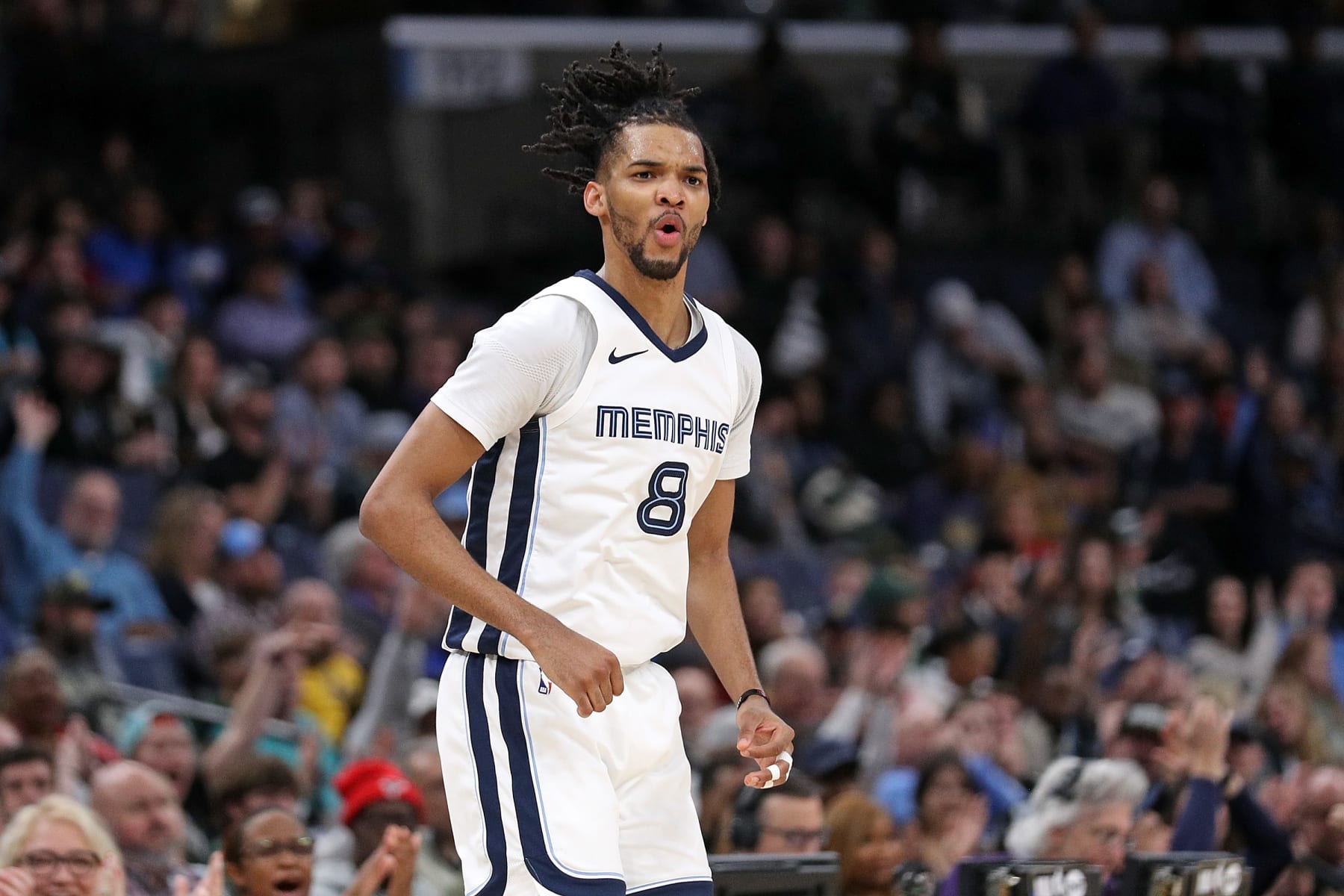 MEMPHIS, TENNESSEE - FEBRUARY 15: Ziaire Williams #8 of the Memphis Grizzlies reacts during the game against the Milwaukee Bucks at FedExForum on February 15, 2024 in Memphis, Tennessee. NOTE TO USER: User expressly acknowledges and agrees that, by downloading and or using this photograph, User is consenting to the terms and conditions of the Getty Images License Agreement. (Photo by Justin Ford/Getty Images)