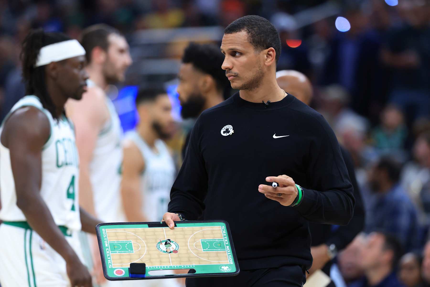 INDIANAPOLIS, INDIANA - OCTOBER 30: Head coach Joe Mazzulla of the Boston Celtics looks on against the Indiana Pacers at Gainbridge Fieldhouse on October 30, 2024 in Indianapolis, Indiana. NOTE TO USER: User expressly acknowledges and agrees that, by downloading and or using this photograph, User is consenting to the terms and conditions of the Getty Images License Agreement. (Photo by Justin Casterline/Getty Images)