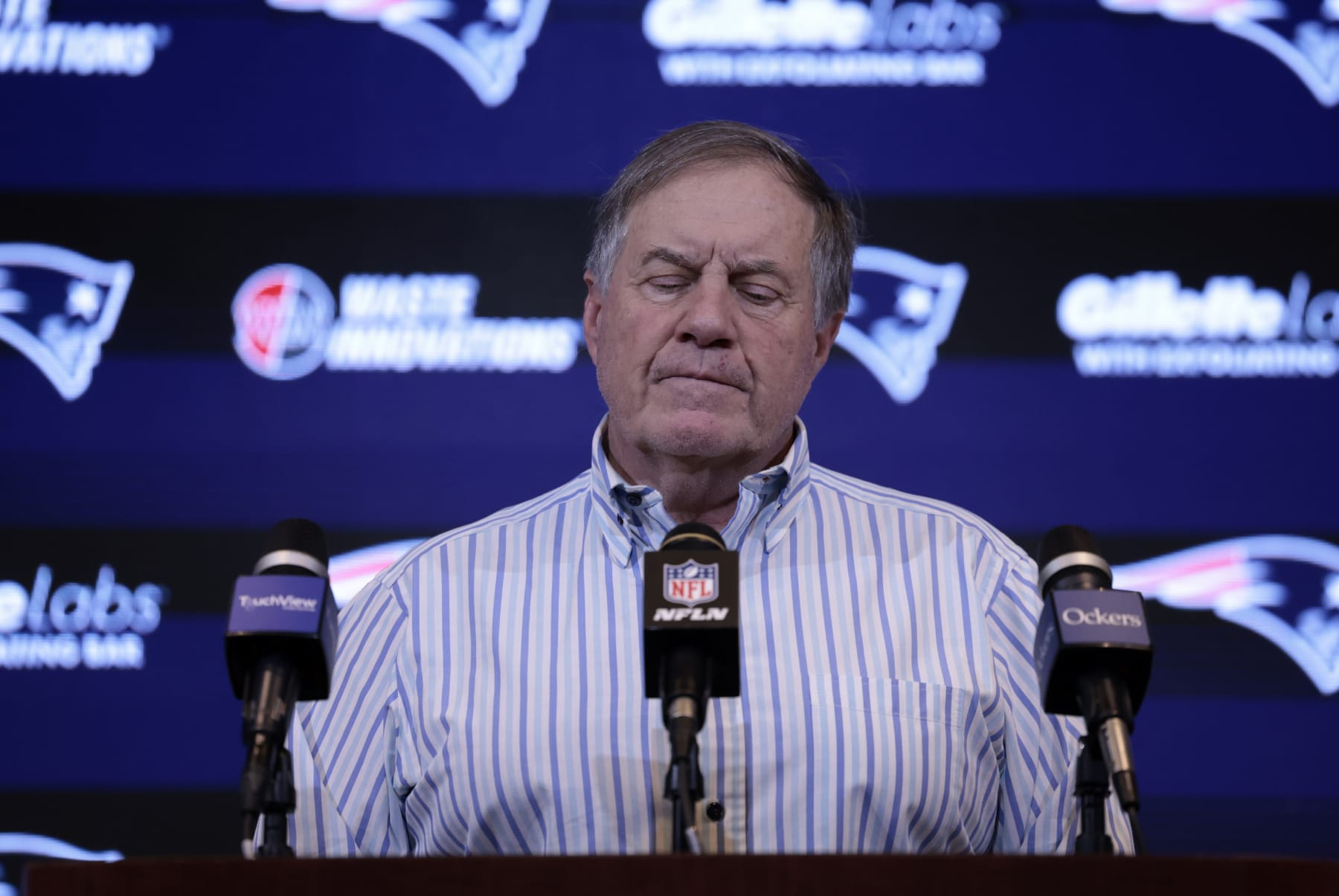 FOXBOROUGH, MA - JANUARY 07: New England Patriots head coach Bill Belichick after a game between the New England Patriots and the New York Jets on January 7, 2024, at Gillette Stadium in Foxborough, Massachusetts. (Photo by Fred Kfoury III/Icon Sportswire via Getty Images)