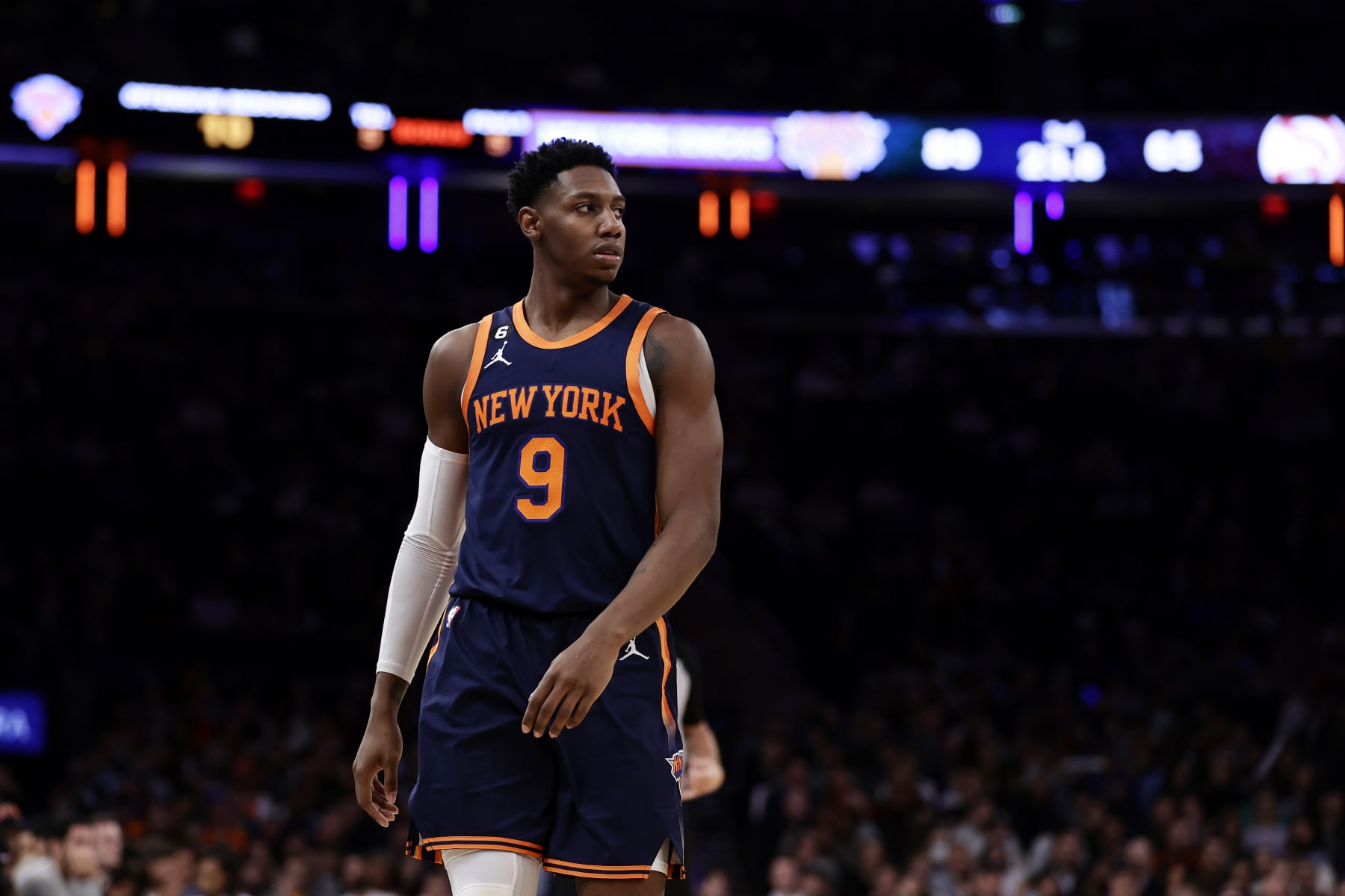 NEW YORK, NEW YORK - DECEMBER 7: RJ Barrett #9 of the New York Knicks reacts against the Atlanta Hawks during the second half at Madison Square Garden on December 7, 2022 in New York City. NOTE TO USER: User expressly acknowledges and agrees that, by downloading and or using this Photograph, user is consenting to the terms and conditions of the Getty Images License Agreement.  (Photo by Adam Hunger/Getty Images)