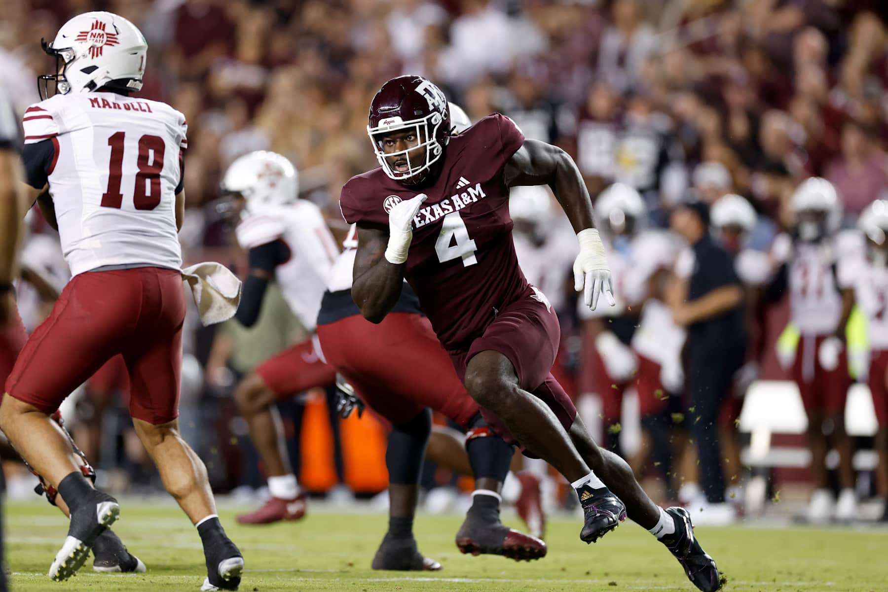 COLLEGE STATION, TEXAS - NOVEMBER 16: Shemar Stewart #4 of the Texas A&M Aggies pressures Santino Marucci #18 of the New Mexico State Aggies in the second half at Kyle Field on November 16, 2024 in College Station, Texas. (Photo by Tim Warner/Getty Images)