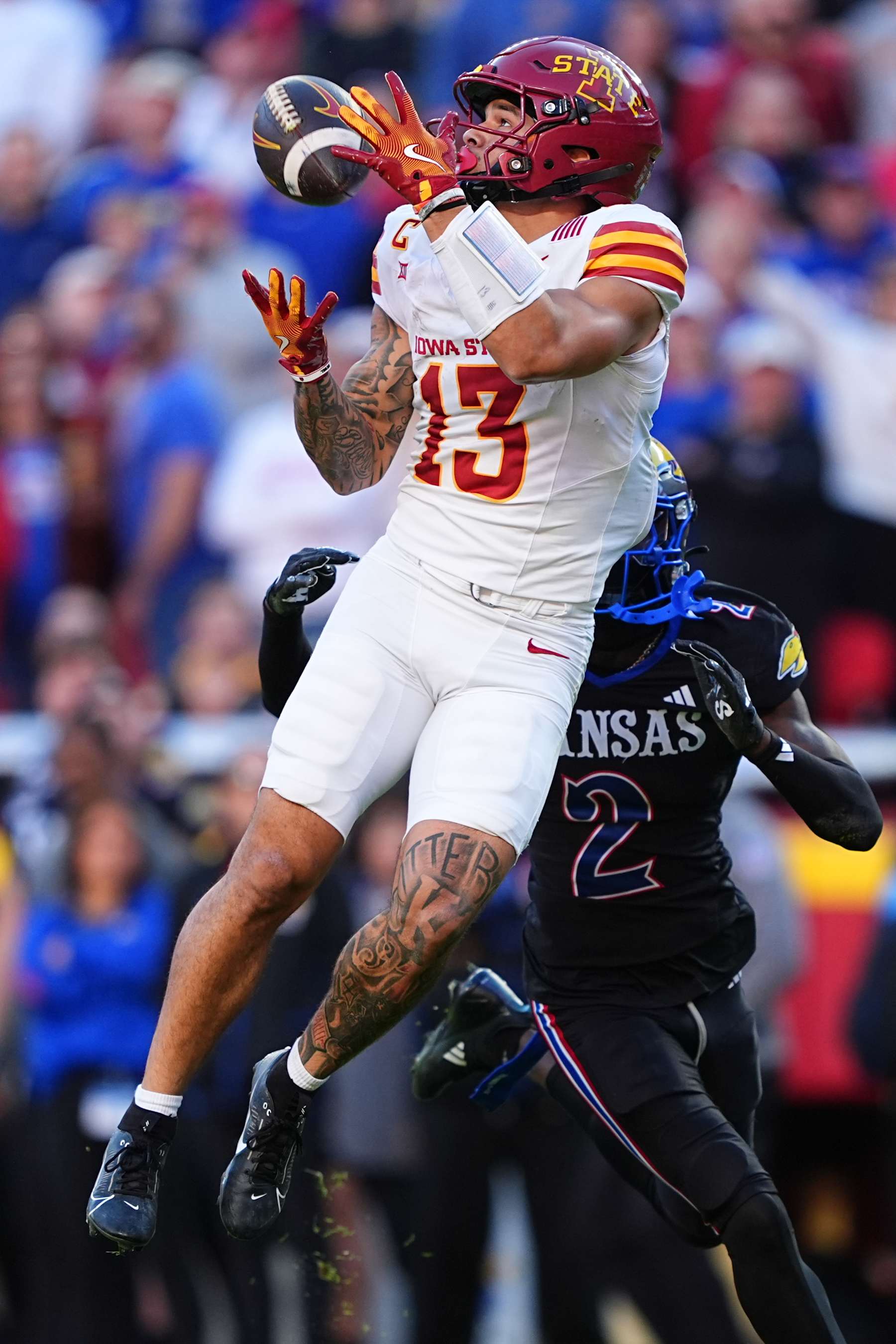 KANSAS CITY, MISSOURI - NOVEMBER 9: Wide receiver Jaylin Noel #13 of the Iowa State Cyclones catches a long pass against the Kansas Jayhawks during the second quarter at Arrowhead Stadium on November 9, 2024 in Kansas City, Missouri.  (Photo by Kyle Rivas/Getty Images)