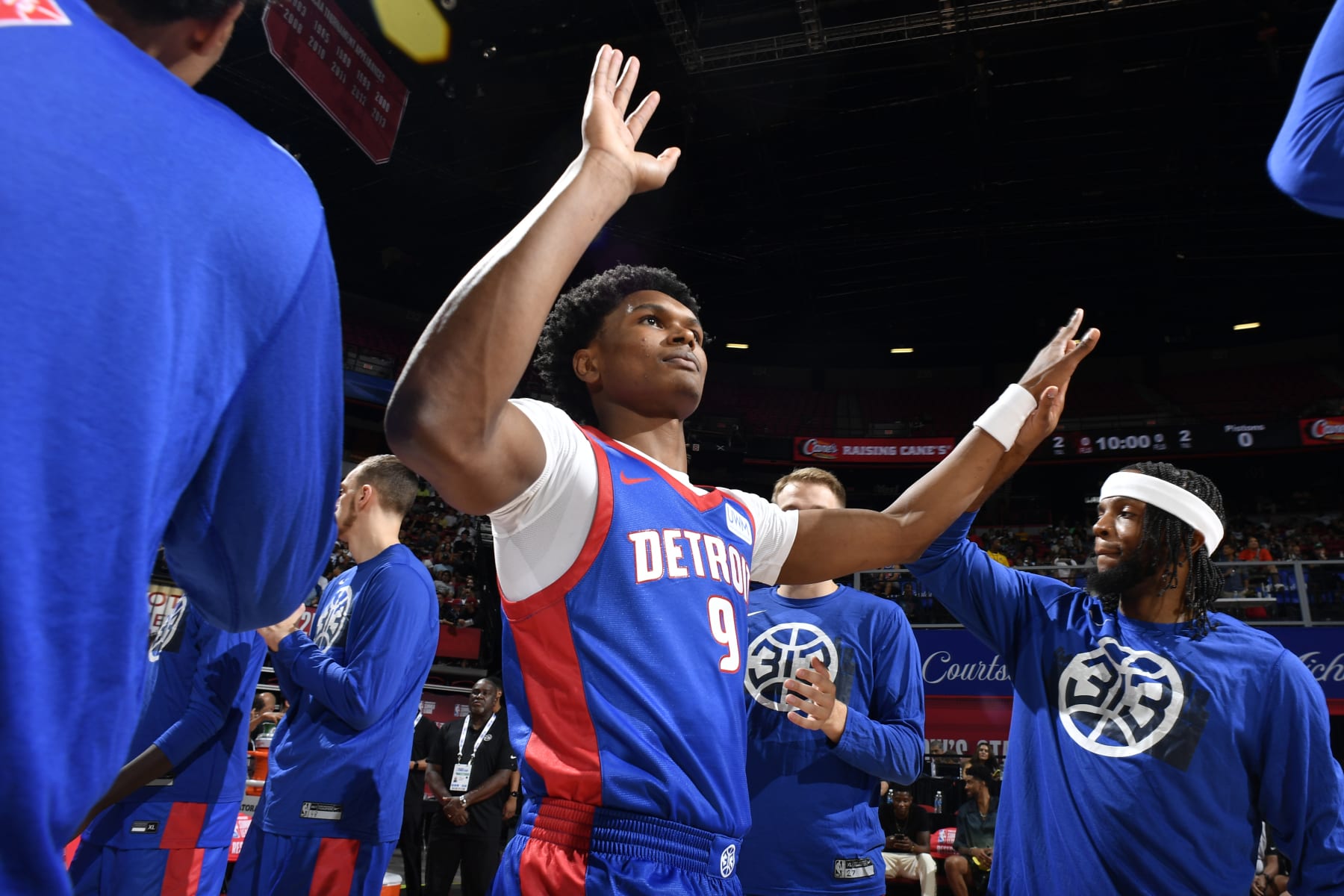 LAS VEGAS, NV - JULY 8: Ausar Thompson #9 of the Detroit Pistons is introduced before the game against the Orlando Magic during the 2023 NBA Las Vegas Summer League on July 8, 2023 at the Thomas & Mack Center in Las Vegas, Nevada. NOTE TO USER: User expressly acknowledges and agrees that, by downloading and or using this photograph, User is consenting to the terms and conditions of the Getty Images License Agreement. Mandatory Copyright Notice: Copyright 2023 NBAE (Photo by Logan Riely/NBAE via Getty Images) LAS VEGAS, NV - JULY 8: Ausar Thompson #9 of the Detroit Pistons is introduced before the game against the Orlando Magic during the 2023 NBA Las Vegas Summer League on July 8, 2023 at the Thomas & Mack Center in Las Vegas, Nevada. NOTE TO USER: User expressly acknowledges and agrees that, by downloading and or using this photograph, User is consenting to the terms and conditions of the Getty Images License Agreement. Mandatory Copyright Notice: Copyright 2023 NBAE (Photo by Logan Riely/NBAE via Getty Images)