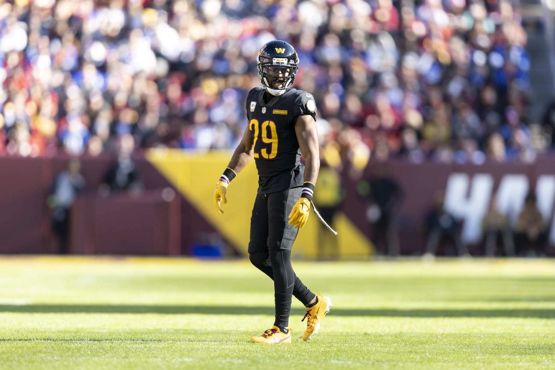 LANDOVER, MARYLAND - NOVEMBER 19: Kendall Fuller #29 of the Washington Commanders looks on during an NFL football game between the Washington Commanders and the New York Giants at FedExField on November 19, 2023 in Landover, Maryland. (Photo by Michael Owens/Getty Images)