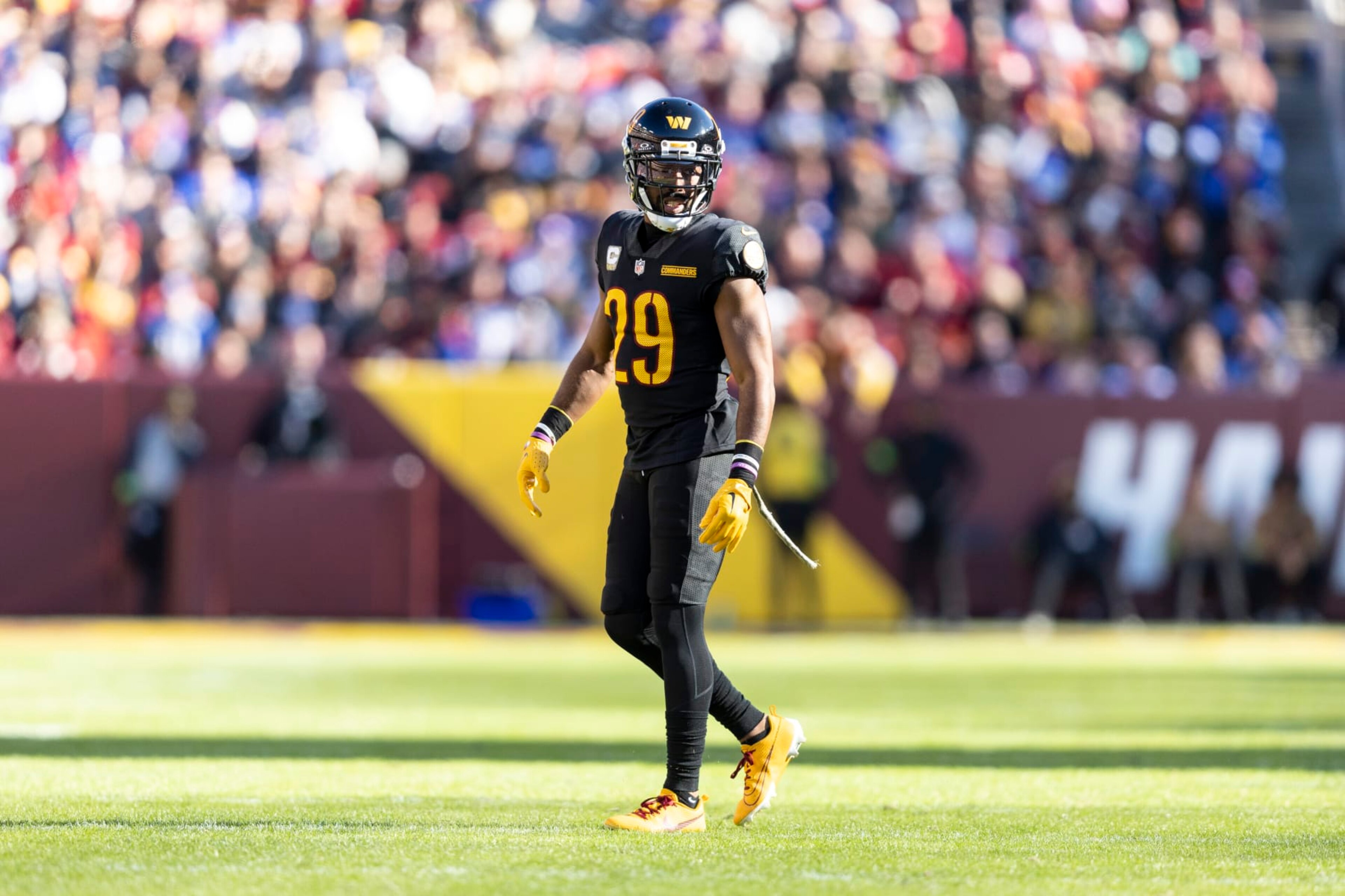 LANDOVER, MARYLAND - NOVEMBER 19: Kendall Fuller #29 of the Washington Commanders looks on during an NFL football game between the Washington Commanders and the New York Giants at FedExField on November 19, 2023 in Landover, Maryland. (Photo by Michael Owens/Getty Images)