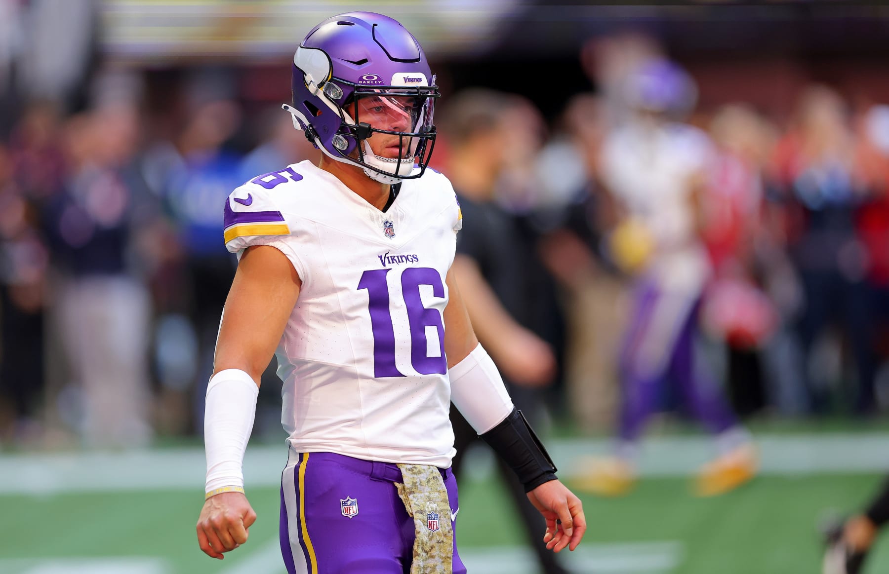 ATLANTA, GEORGIA - NOVEMBER 05: Jaren Hall #16 of the Minnesota Vikings looks on before the game against the Atlanta Falcons at Mercedes-Benz Stadium on November 05, 2023 in Atlanta, Georgia. (Photo by Kevin C. Cox/Getty Images)