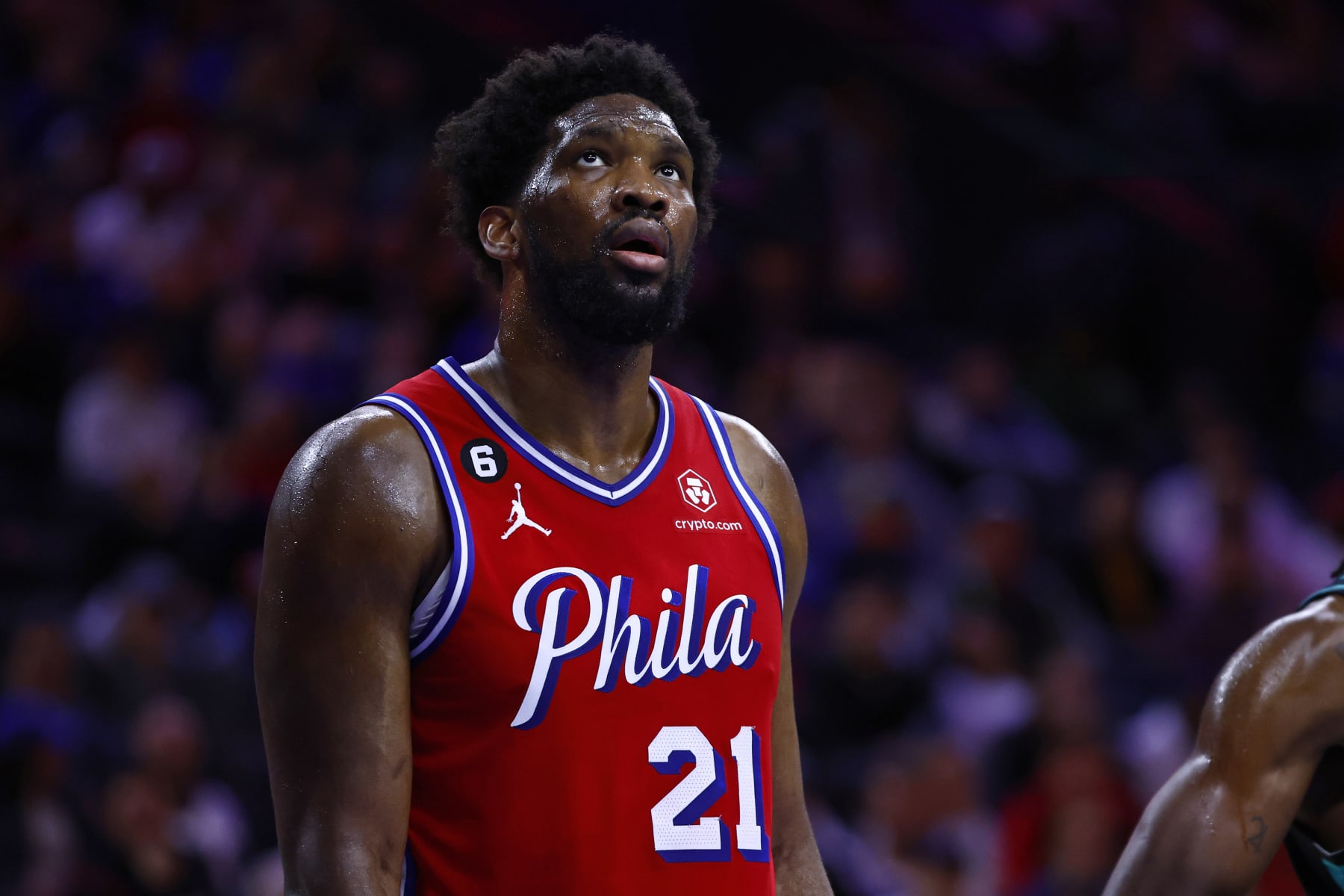 PHILADELPHIA, PA - MARCH 10: Joel Embiid #21 of the Philadelphia 76ers in action against the Portland Trail Blazers during a game at Wells Fargo Center on March 10, 2023 in Philadelphia, Pennsylvania. The 76ers defeated the Trail Blazers 120-119. NOTE TO USER: User expressly acknowledges and agrees that, by downloading and or using this photograph, User is consenting to the terms and conditions of the Getty Images License Agreement. (Photo by Rich Schultz/Getty Images)