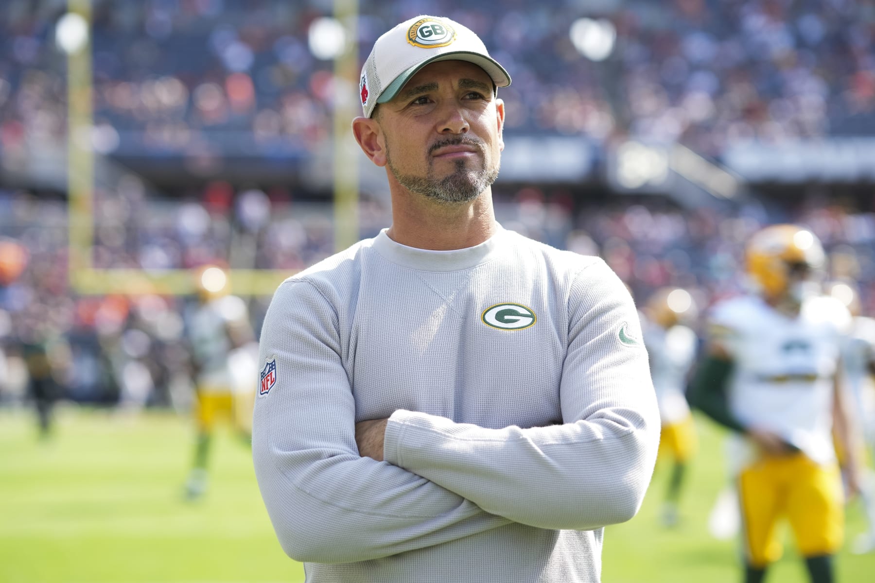 CHICAGO, IL - SEPTEMBER 10: Head Coach Matt LaFleur of the Green Bay Packers looks on prior to an NFL football game against the Chicago Bears at Soldier Field on September 10, 2023 in Chicago, Illinois. (Photo by Todd Rosenberg/Getty Images)