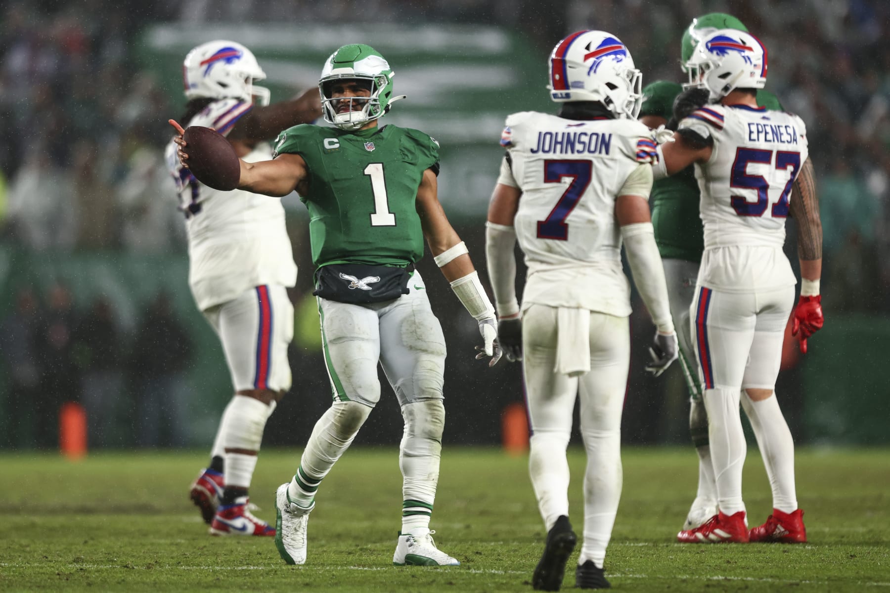 PHILADELPHIA, PA - NOVEMBER 26: Jalen Hurts #1 of the Philadelphia Eagles reacts after a play during the fourth quarter of an NFL football game against the Buffalo Bills at Lincoln Financial Field on November 26, 2023 in Philadelphia, Pennsylvania. (Photo by Kevin Sabitus/Getty Images)