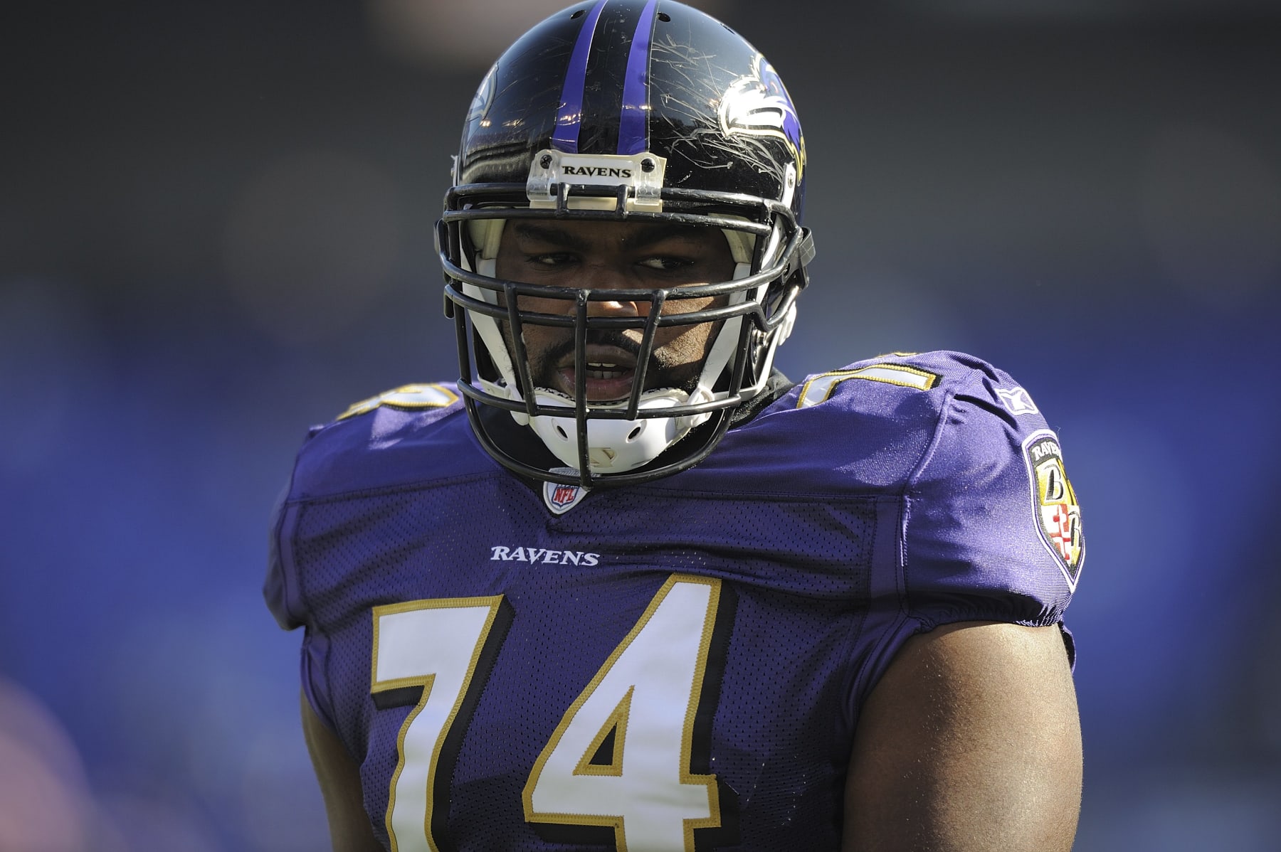 Football: Closeup of Baltimore Ravens Michael Oher (74) during game vs Indianapolis Colts. Baltimore, MD 11/22/2009 CREDIT: David Bergman (Photo by David Bergman /Sports Illustrated via Getty Images) (Set Number: X83255 TK1 R1 F57 )