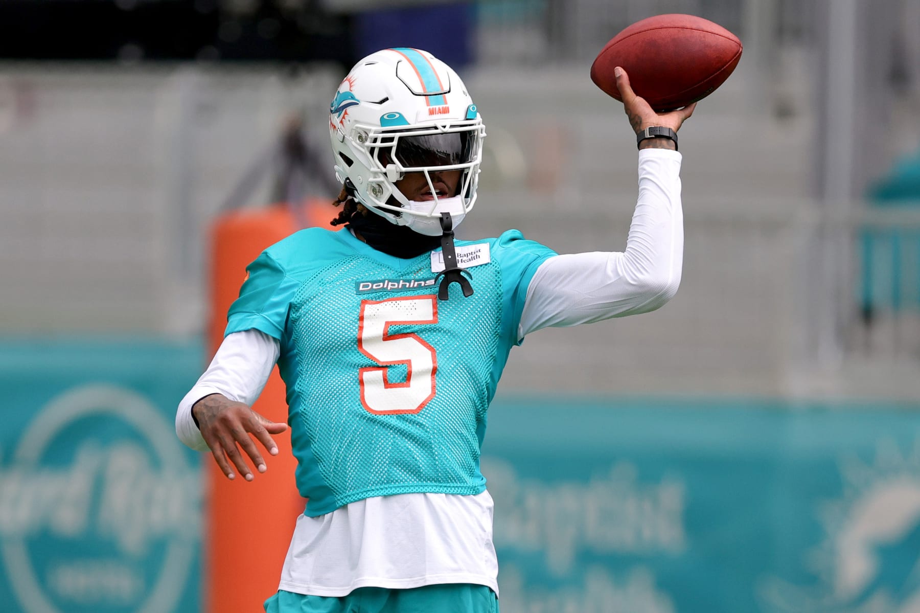 MIAMI GARDENS, FLORIDA - JUNE 06: Jalen Ramsey #5 of the Miami Dolphins looks on during practice at Baptist Health Training Complex on June 06, 2023 in Miami Gardens, Florida. (Photo by Megan Briggs/Getty Images)