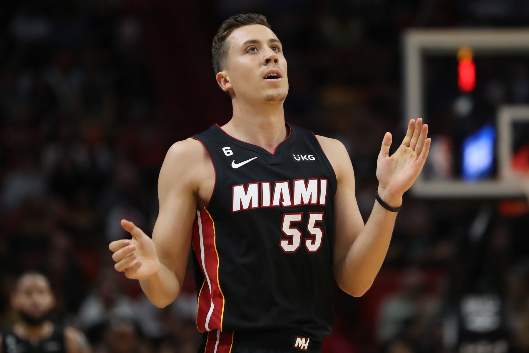 MIAMI, FLORIDA - OCTOBER 22: Duncan Robinson #55 of the Miami Heat reacts during the second quarter against the Toronto Raptors at FTX Arena on October 22, 2022 in Miami, Florida. NOTE TO USER: User expressly acknowledges and agrees that, by downloading and or using this photograph, User is consenting to the terms and conditions of the Getty Images License Agreement. (Photo by Megan Briggs/Getty Images)