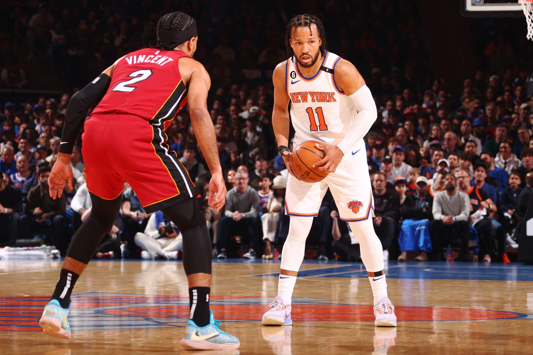 NEW YORK, NY - APRIL 30: Jalen Brunson #11 of the New York Knicks looks to pass the ball during Game 1 of the Eastern Conference Semi-Finals of the 2023 NBA Playoffs against the Miami Heat on April 30, 2023 at Madison Square Garden in New York City, New York.  NOTE TO USER: User expressly acknowledges and agrees that, by downloading and or using this photograph, User is consenting to the terms and conditions of the Getty Images License Agreement. Mandatory Copyright Notice: Copyright 2023 NBAE  (Photo by Nathaniel S. Butler/NBAE via Getty Images)