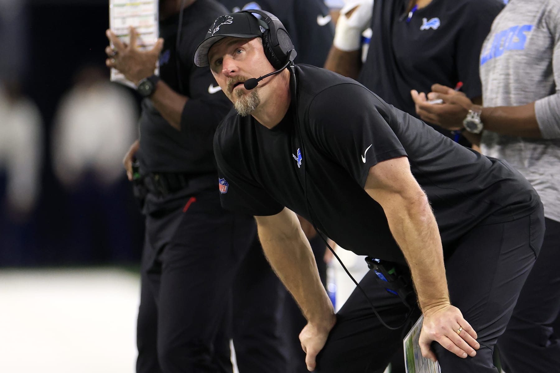 ARLINGTON, TEXAS - DECEMBER 30: Head coach Dan Campbell of the Detroit Lions reacts against the Dallas Cowboys during the second quarter in the game at AT&T Stadium on December 30, 2023 in Arlington, Texas. (Photo by Ron Jenkins/Getty Images)