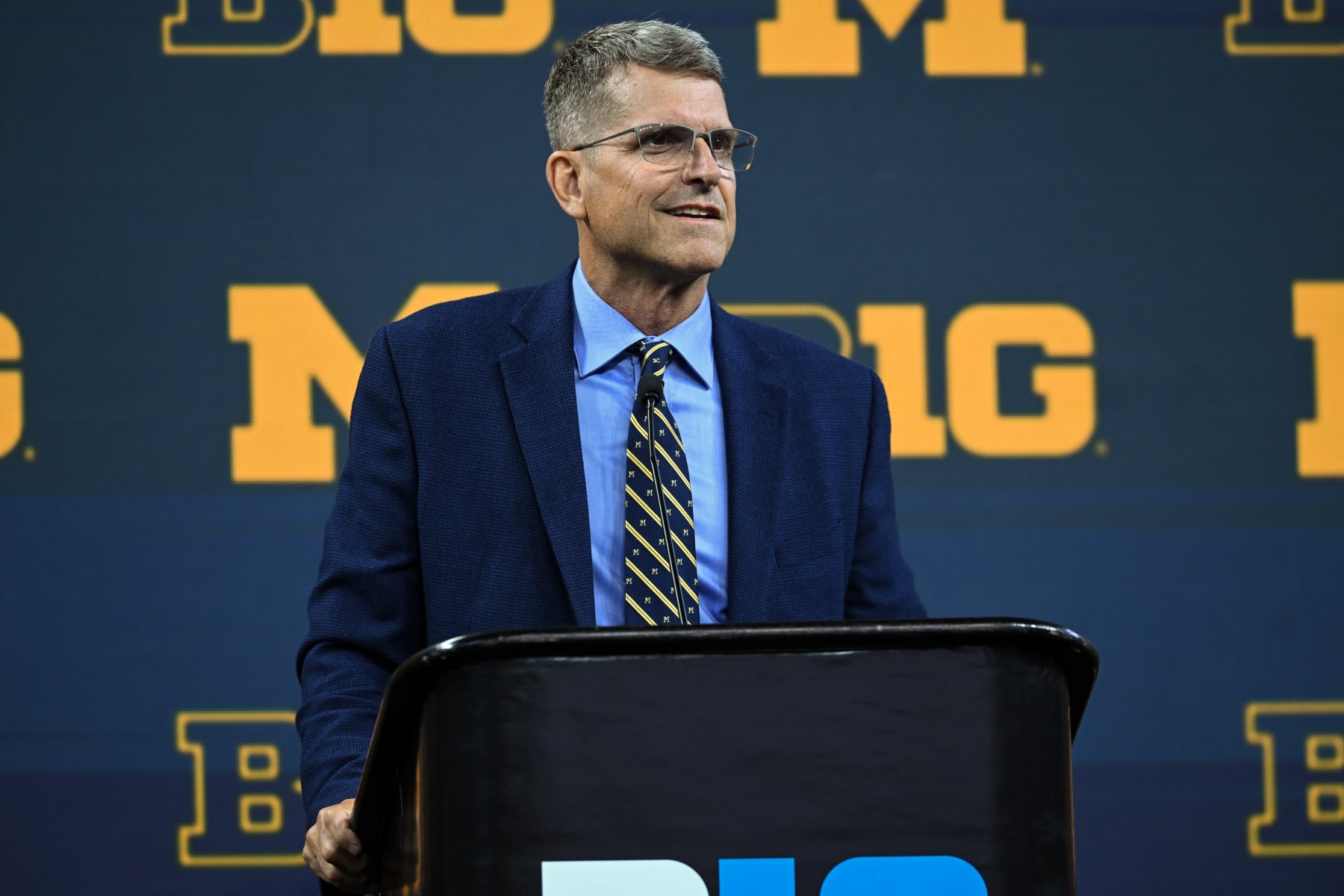 INDIANAPOLIS, IN - JULY 27: Michigan Wolverines head coach Jim Harbaugh during the Big Ten Conference Media Days on July 27, 2023 at Lucas Oil Stadium in Indianapolis, IN (Photo by James Black/Icon Sportswire via Getty Images)