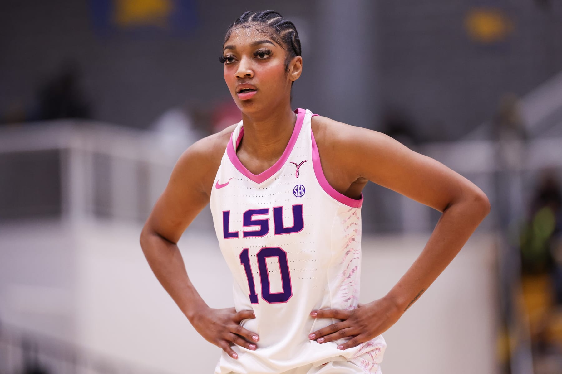 BALTIMORE, MD - DECEMBER 20:  Angel Reese of LSU action during a NCAA Women's Basketball game between LSU Lady Tigers (80) and Coppin State Eagles (48)  at the Coppin State Physical Education Complex on December 20th, 2023 in Baltimore, Maryland. (Photo by Simon Bruty/Anychance/Getty Images)