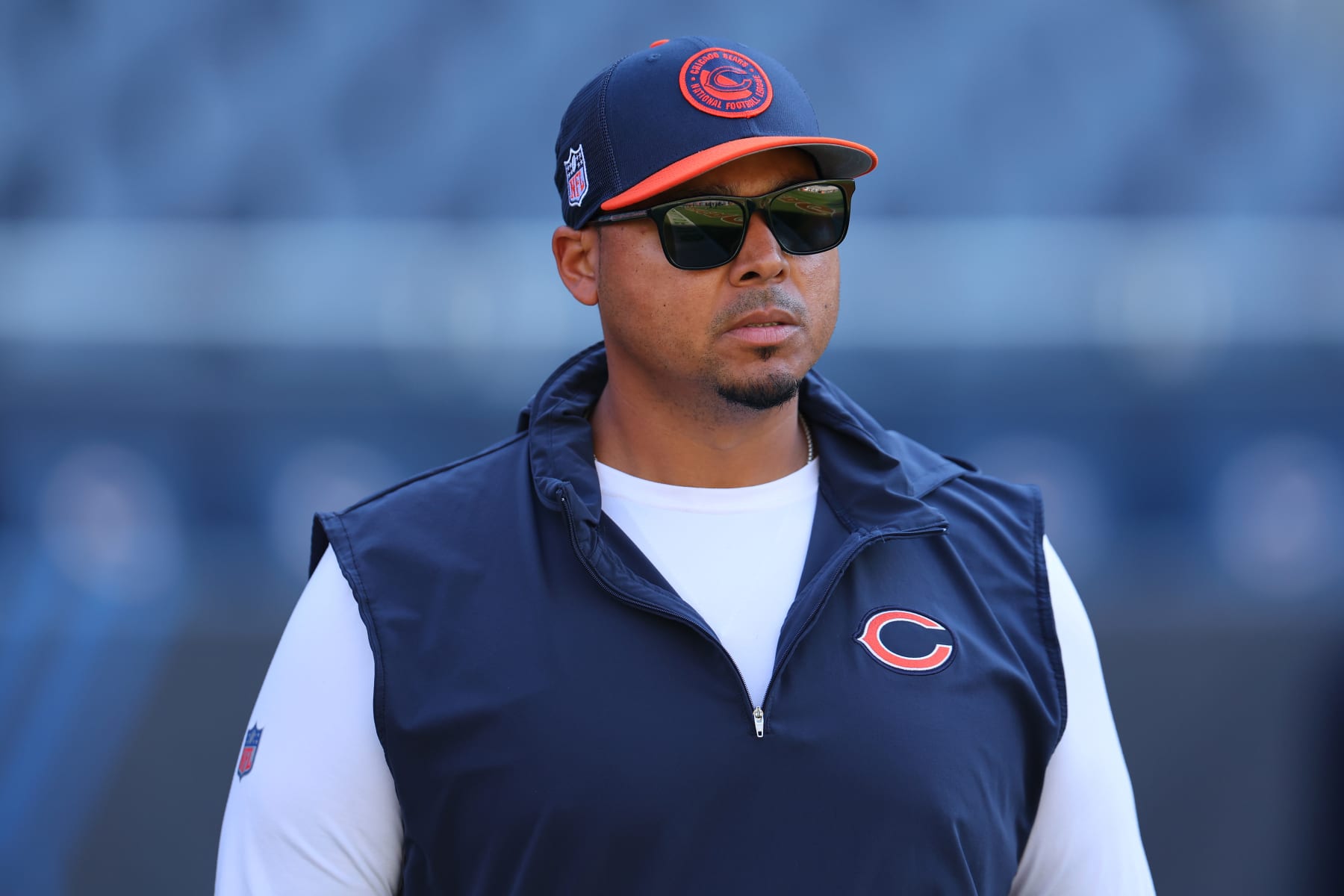 CHICAGO, ILLINOIS - OCTOBER 01: General Manager Ryan Poles of the Chicago Bears looks on prior to a game against the Denver Broncos at Soldier Field on October 01, 2023 in Chicago, Illinois. (Photo by Michael Reaves/Getty Images)