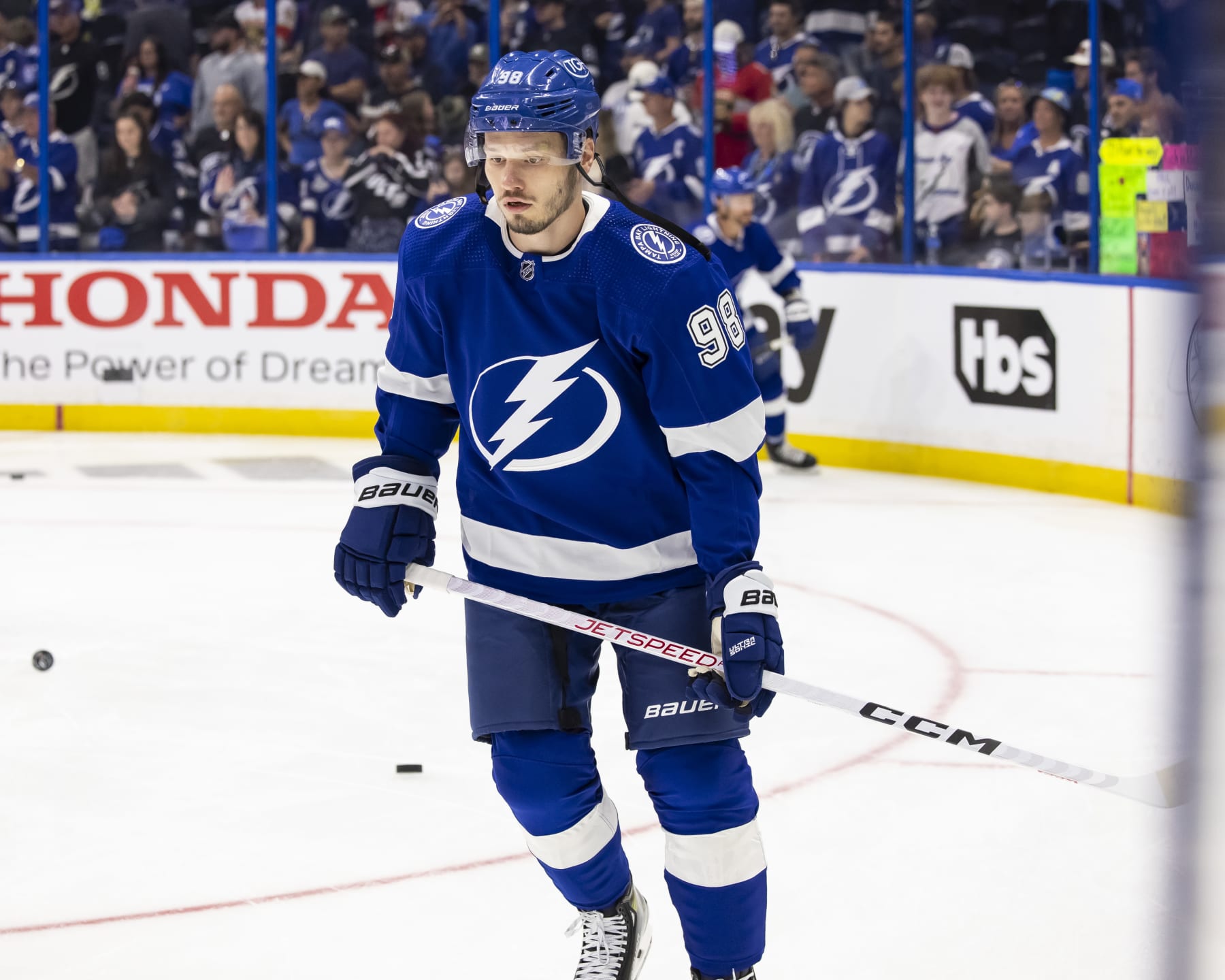 TAMPA, FL - APRIL 27: Mikhail Sergachev #98 of the Tampa Bay Lightning gets ready for the game against the Florida Panthers in Game Four of the First Round of the 2024 Stanley Cup Playoffs at Amalie Arena on April 27, 2024 in Tampa, Florida. (Photo by Mark LoMoglio/NHLI via Getty Images)