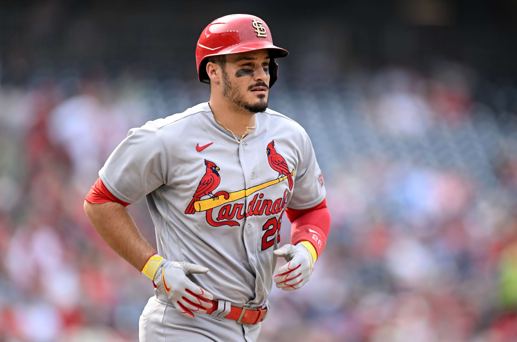 WASHINGTON, DC - JUNE 19: Nolan Arenado #28 of the St. Louis Cardinals runs to first base against the Washington Nationals at Nationals Park on June 19, 2023 in Washington, DC. (Photo by G Fiume/Getty Images)
