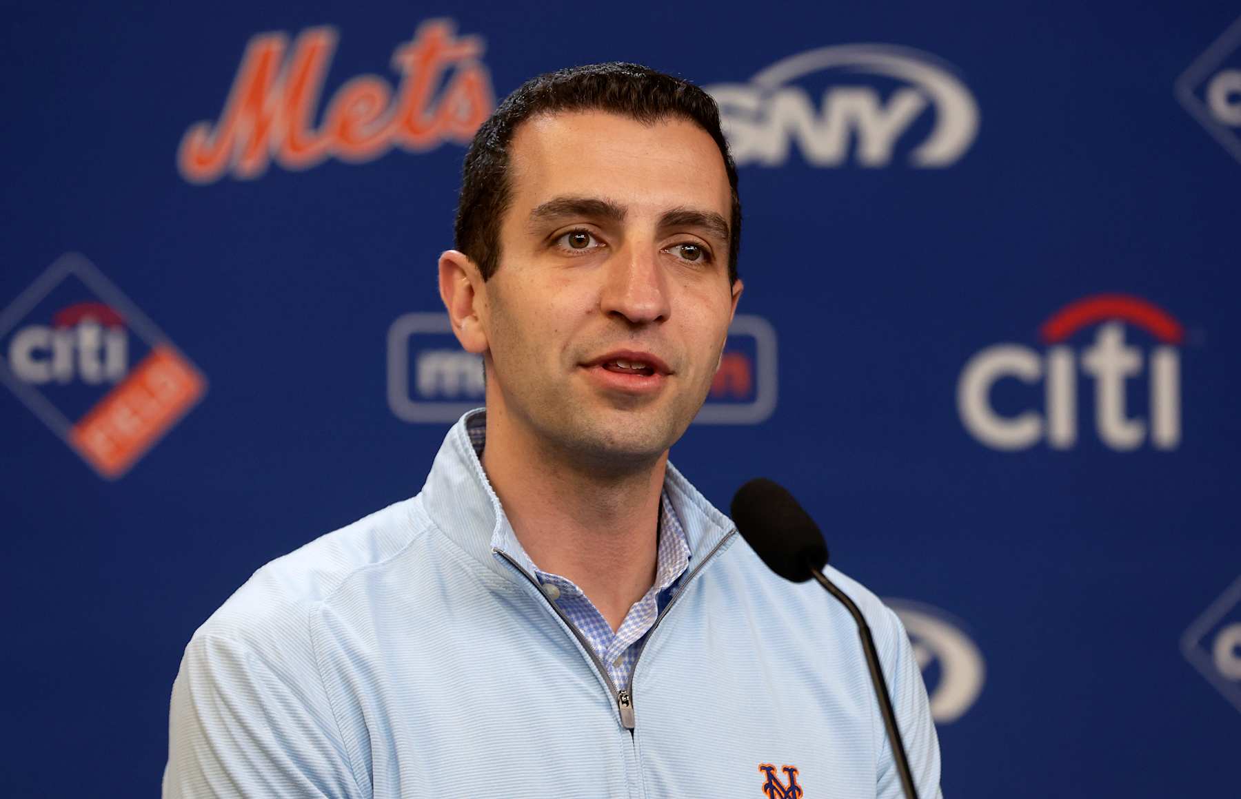 NEW YORK, NEW YORK - MAY 28: (NEW YORK DAILIES OUT)  New York Mets President David Stearns speaks to the media before a game against the Los Angeles Dodgers at Citi Field on May 28, 2024 in New York City.  The Dodgers defeated the Mets 5-2 in ten innings. (Photo by Jim McIsaac/Getty Images)
