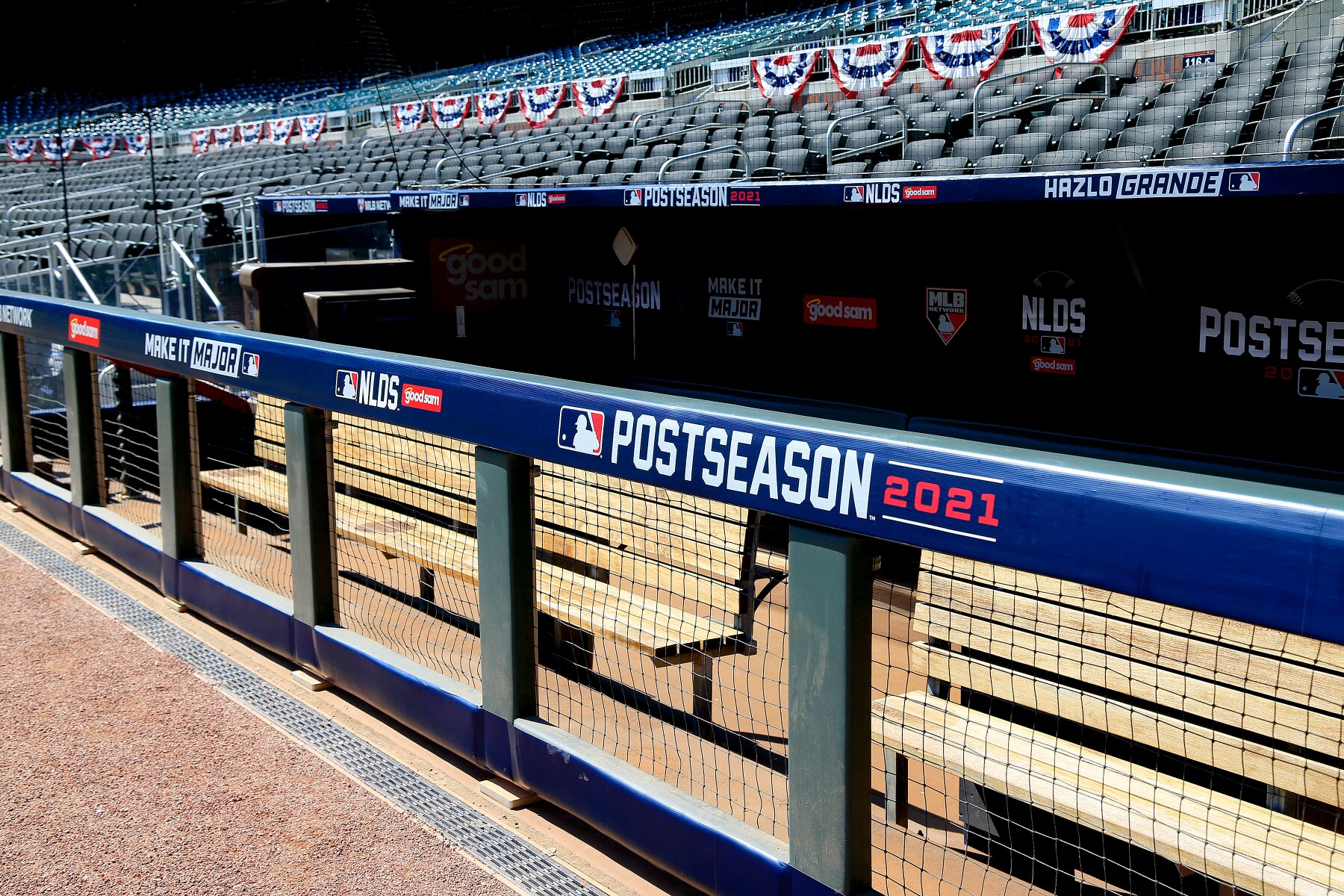 ATLANTA, GA - OCTOBER 10: Post Season logos during Atlanta Braves practice for the NLDS game 3 on October 10, 2021 at Suntrust Park in Atlanta, Georgia.  (Photo by David J. Griffin/Icon Sportswire via Getty Images)