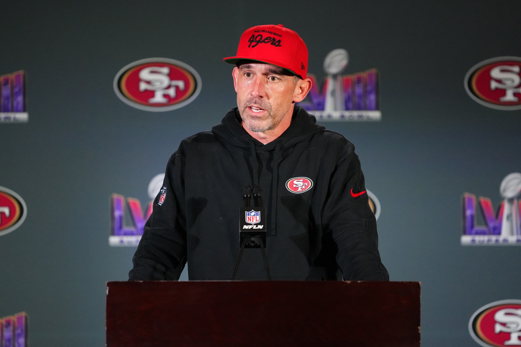 HENDERSON, NEVADA - FEBRUARY 08: Head coach Kyle Shanahan speaks to media during San Francisco 49ers media availability ahead of Super Bowl LVIII at Hilton Lake Las Vegas Resort and Spa on February 08, 2024 in Henderson, Nevada. (Photo by Chris Unger/Getty Images)