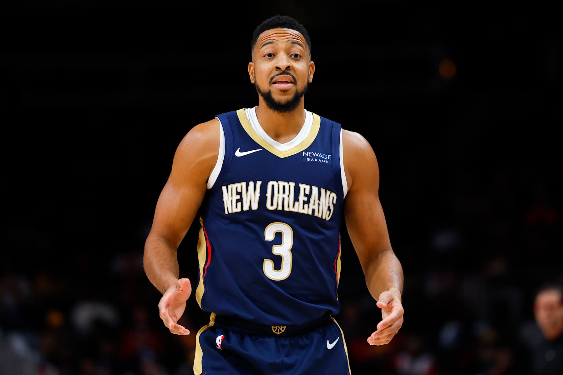 ATLANTA, GEORGIA - DECEMBER 2: CJ McCollum #3 of the New Orleans Pelicans reacts during the first quarter against the Atlanta Hawks at State Farm Arena on December 2, 2024 in Atlanta, Georgia. NOTE TO USER: User expressly acknowledges and agrees that, by downloading and or using this photograph, User is consenting to the terms and conditions of the Getty Images License Agreement. (Photo by Todd Kirkland/Getty Images)