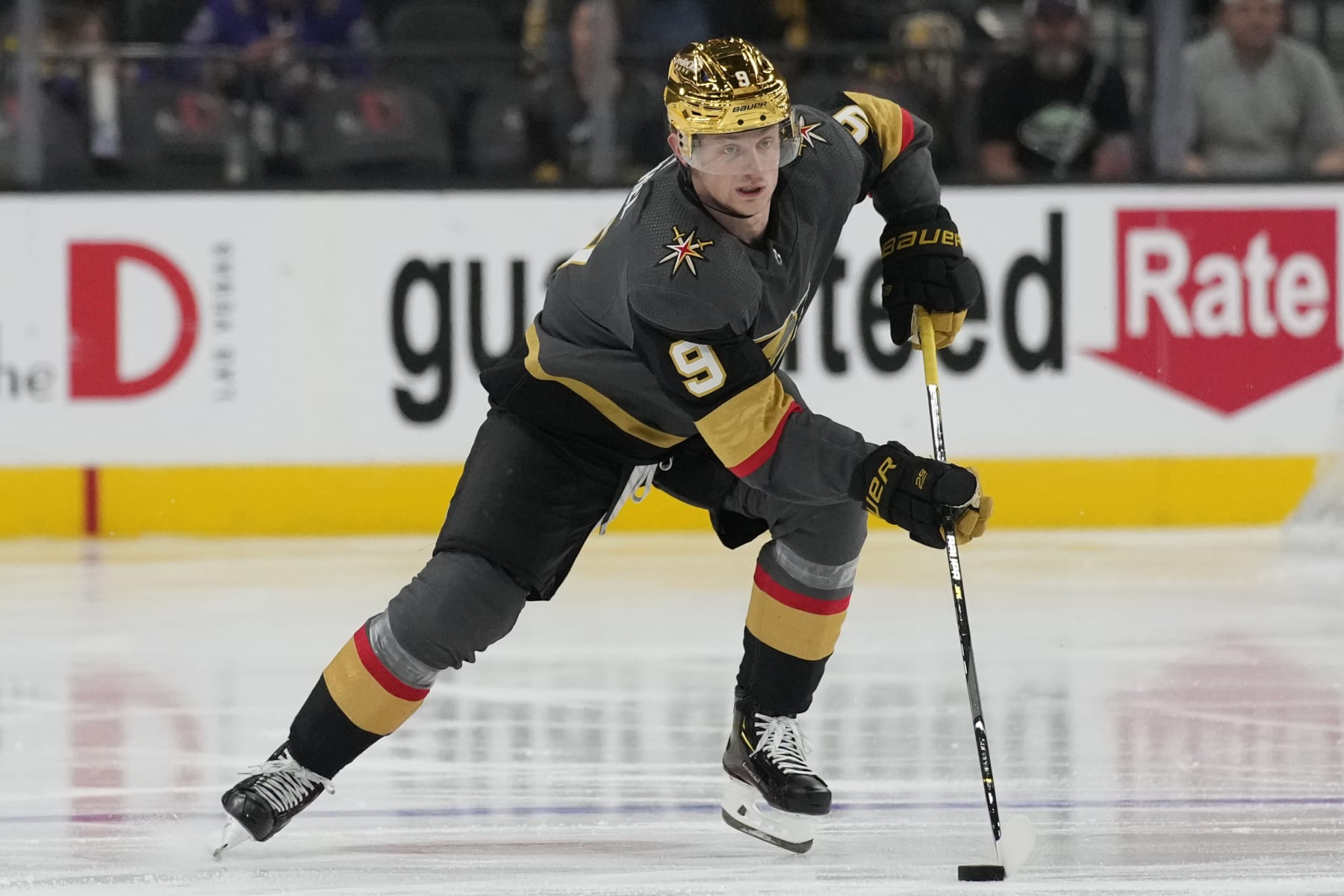 Vegas Golden Knights center Jack Eichel (9) plays against the Los Angeles Kings in an NHL hockey game Saturday, March 19, 2022, in Las Vegas. (AP Photo/John Locher)