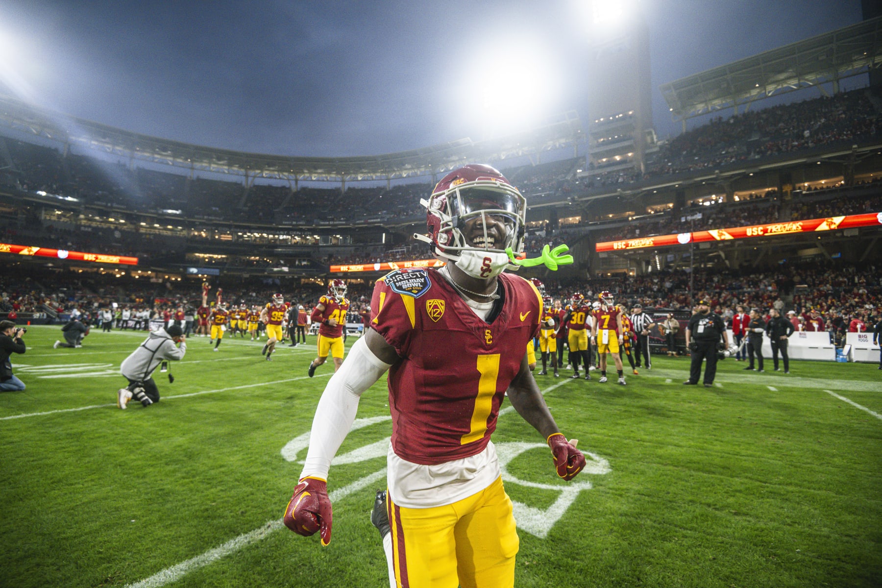SAN DIEGO, CALIFORNIA - DECEMBER 27: Zachariah Branch #1 of USC Trojans takes the field before the game against the Louisville Cardinals during the DIRECTV Holiday Bowl at Petco Park on December 27, 2023, in San Diego, California. (Photo by Matt Thomas/San Diego Padres/Getty Images)