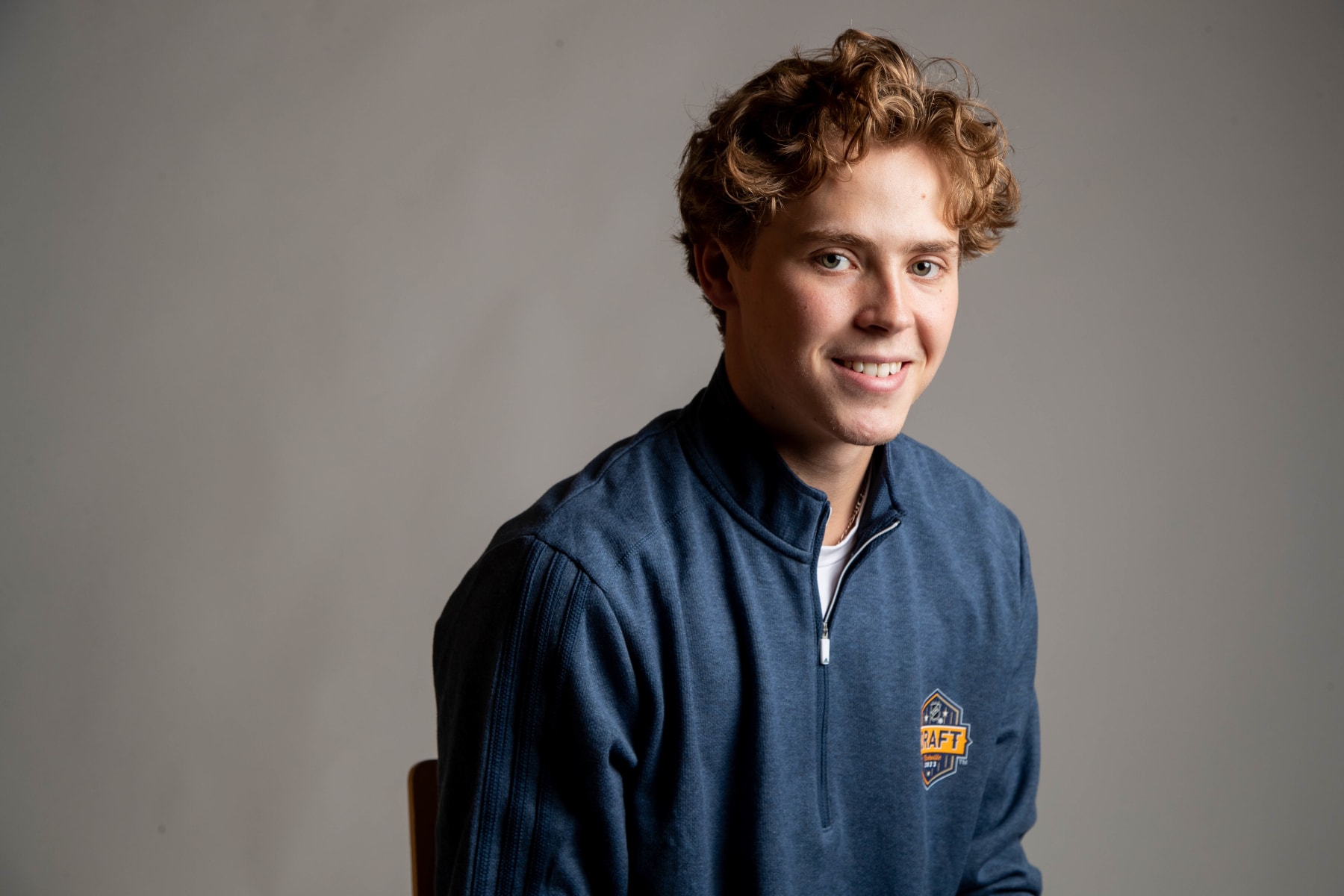 BUFFALO, NEW YORK - JUNE 08: William Smith poses for a portrait during the 2023 NHL Scouting Combine at the HarborCenter on June 08, 2023 in Buffalo, New York. (Photo by Chase Agnello-Dean/NHLI via Getty Images)