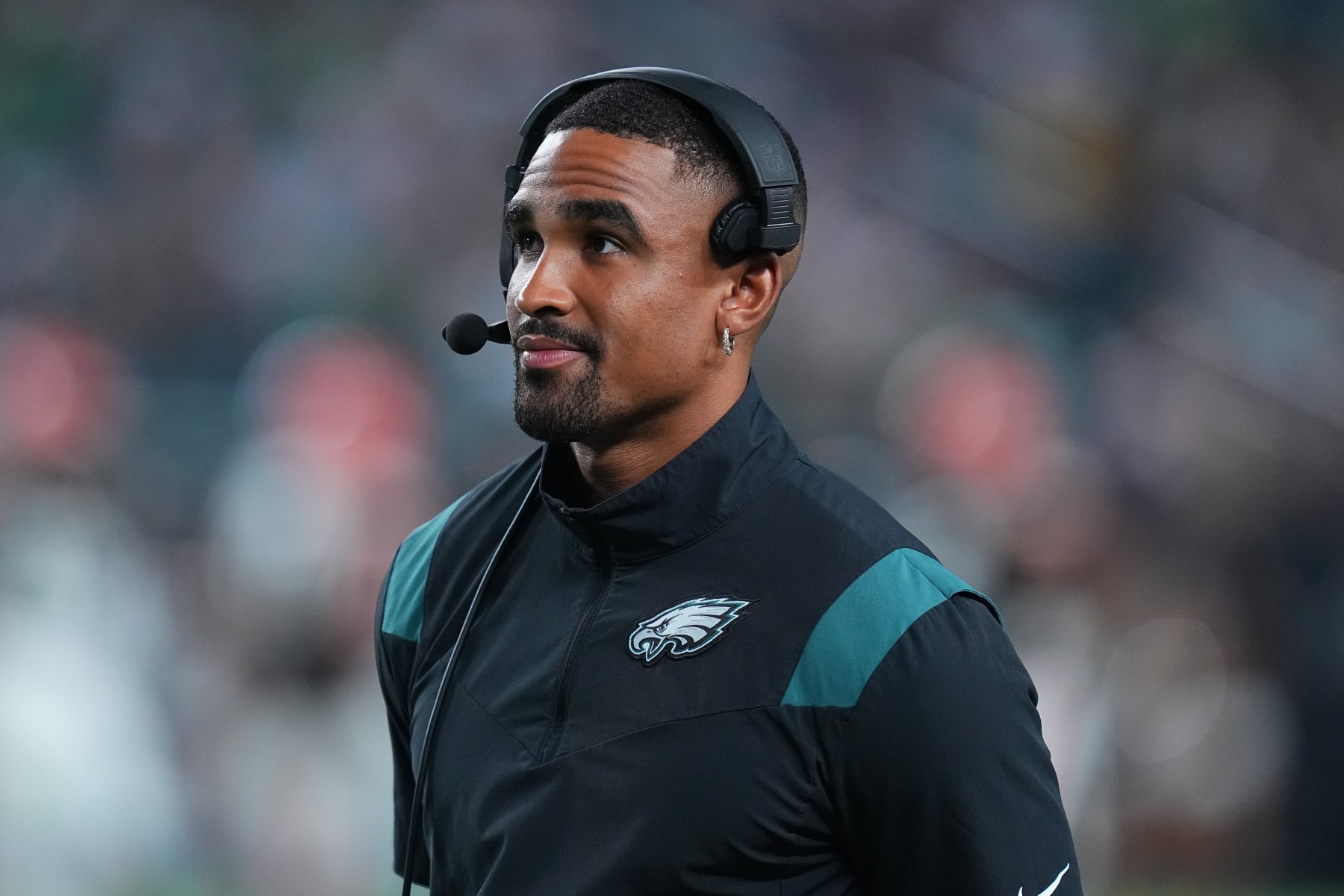 PHILADELPHIA, PENNSYLVANIA - AUGUST 17: Jalen Hurts #1 of the Philadelphia Eagles looks on against the Cleveland Browns during the preseason game at Lincoln Financial Field on August 17, 2023 in Philadelphia, Pennsylvania. The Browns tied the Eagles 18-18. (Photo by Mitchell Leff/Getty Images)