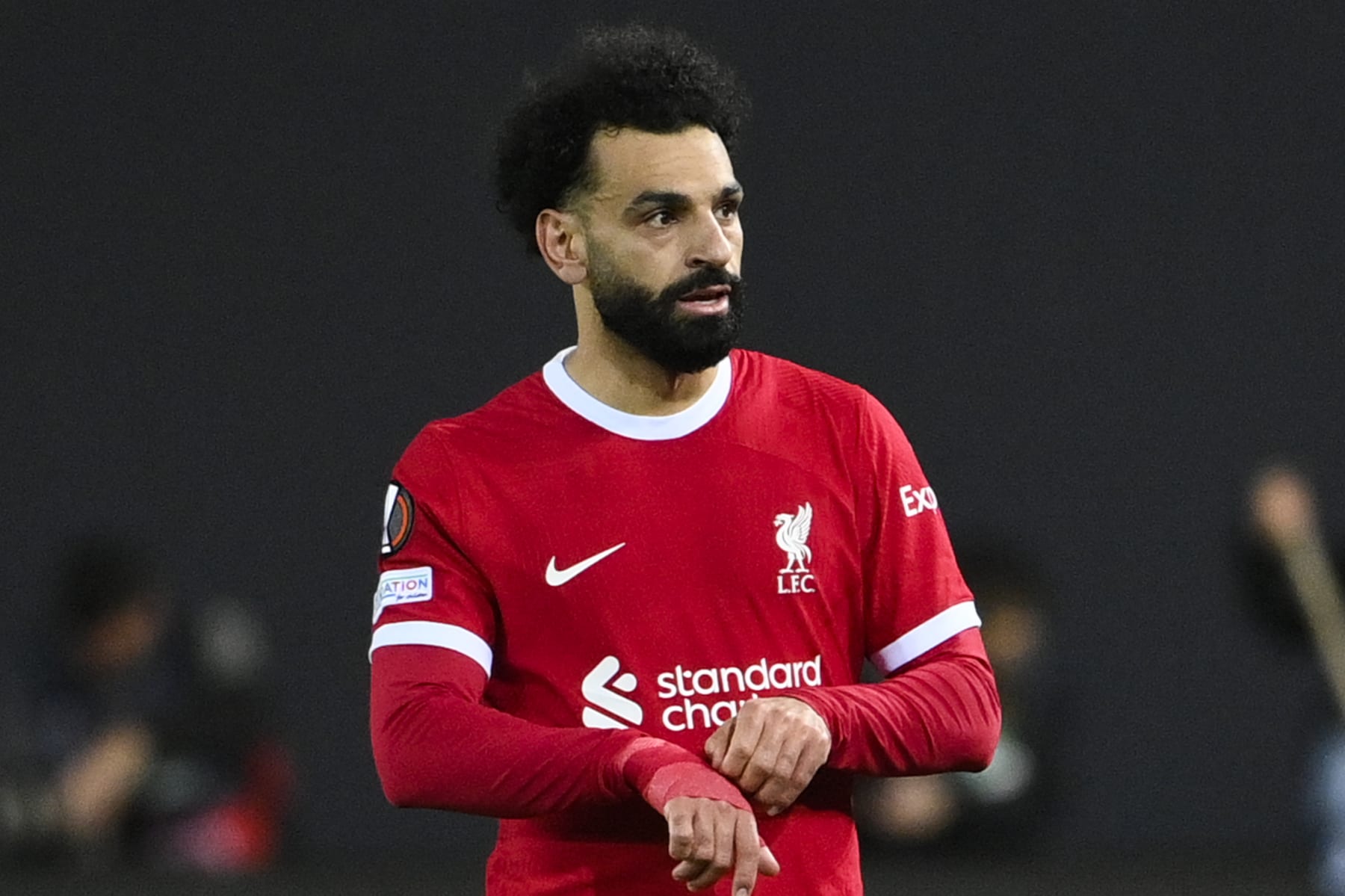 BERGAMO, ITALY - APRIL 18: Mohamed Salah of Liverpool FC reacts during the UEFA Europa League 2023/24 Quarter-Final second leg match between Atalanta and Liverpool FC at Stadio Atleti Azzurri d'Italia on April 18, 2024 in Bergamo, Italy.(Photo by Stefano Guidi/Getty Images)