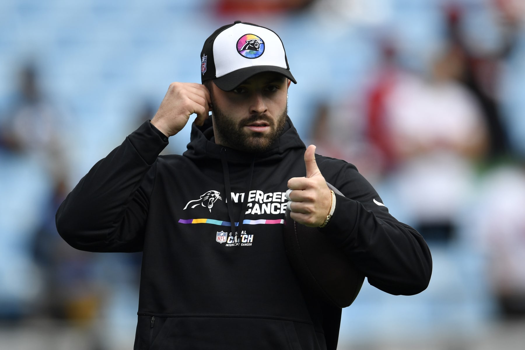 CHARLOTTE, NORTH CAROLINA - OCTOBER 09: Baker Mayfield #6 of the Carolina Panthers reacts during warm-ups before the game against the San Francisco 49ers at Bank of America Stadium on October 09, 2022 in Charlotte, North Carolina. (Photo by Mike Comer/Getty Images)