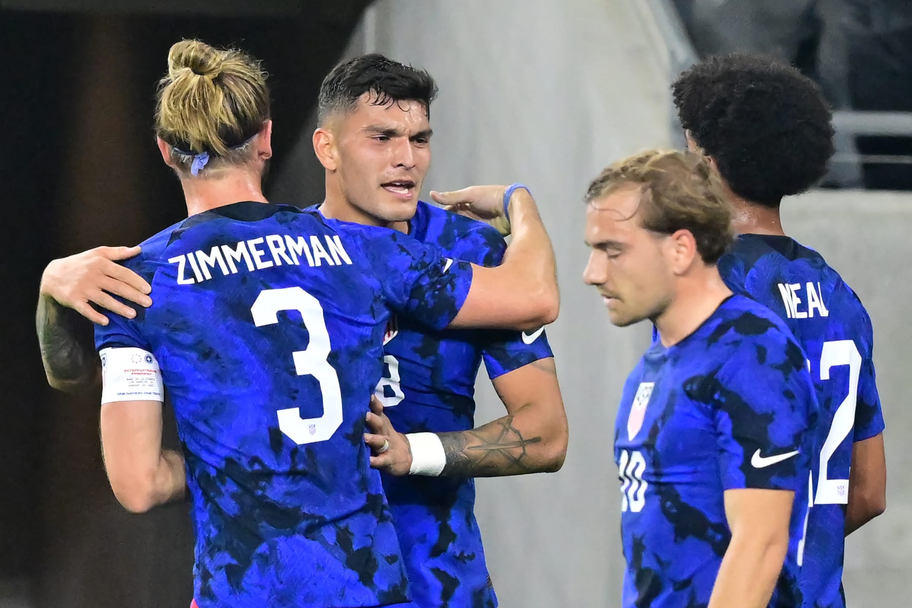 USA's forward Brandon Vazquez (2nd L) celebrates scoring his team's first goal with teammates during the international friendly football match between the USA and Serbia at the BMO Stadium in Los Angeles, California, on January 25, 2023. (Photo by Frederic J. BROWN / AFP) (Photo by FREDERIC J. BROWN/AFP via Getty Images)