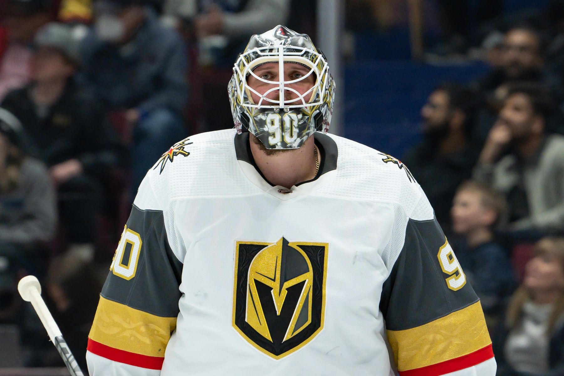 VANCOUVER, BC - APRIL 12: Vegas Golden Knights goaltender Robin Lehner (90) waits for a face-off during their NHL game against the Vancouver Canucks at Rogers Arena on April 12, 2022 in Vancouver, British Columbia, Canada. (Photo by Derek Cain/Icon Sportswire via Getty Images)