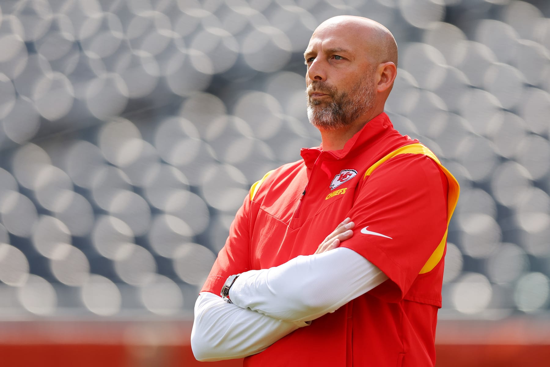 CHICAGO, ILLINOIS - AUGUST 13: Senior offensive assistant and quarterbacks coach Matt Nagy looks on prior to a preseason game against the Chicago Bears at Soldier Field on August 13, 2022 in Chicago, Illinois. (Photo by Michael Reaves/Getty Images)