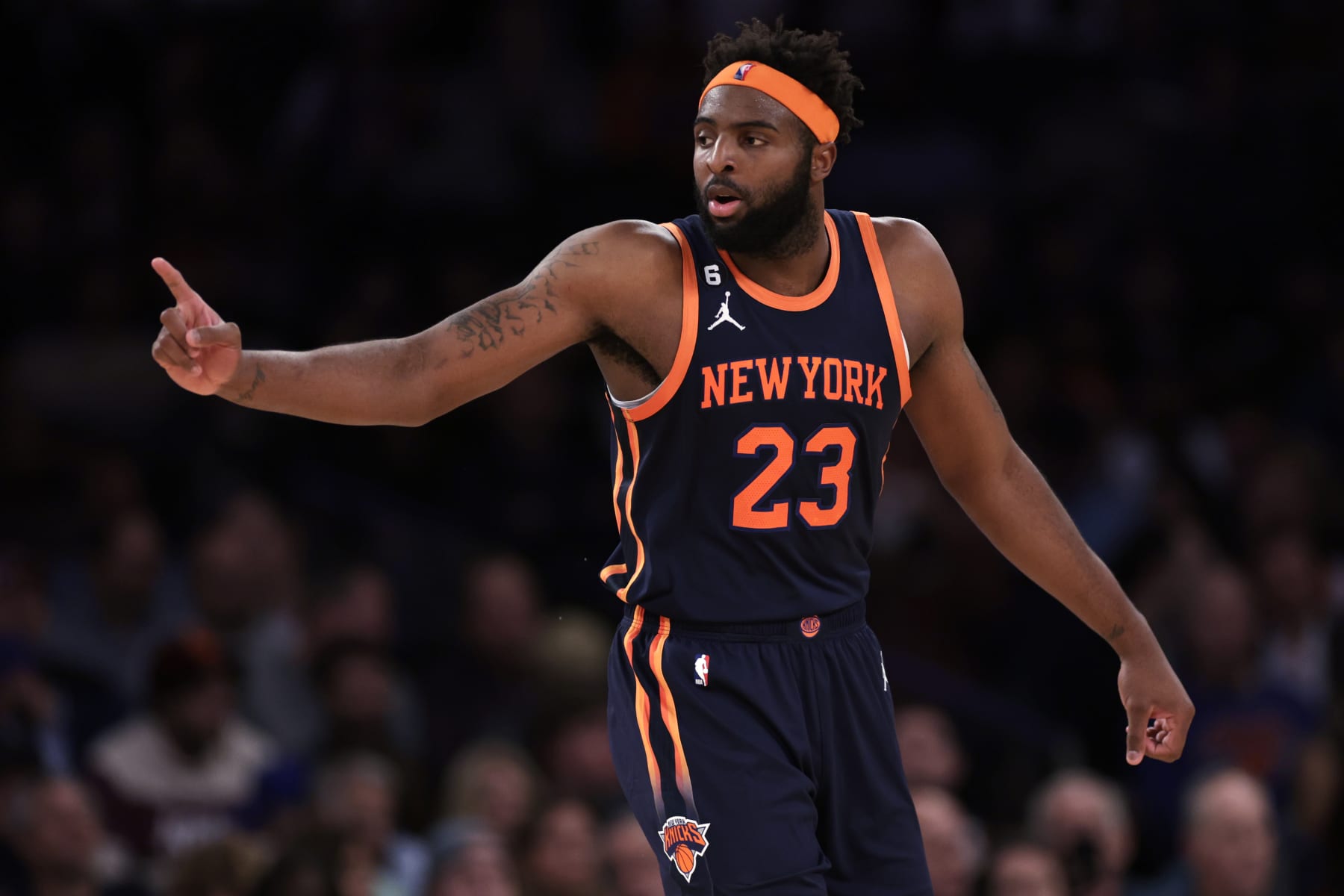 NEW YORK, NEW YORK - DECEMBER 7: Mitchell Robinson #23 of the New York Knicks gestures against the Atlanta Hawks during the second half at Madison Square Garden on December 7, 2022 in New York City. NOTE TO USER: User expressly acknowledges and agrees that, by downloading and or using this Photograph, user is consenting to the terms and conditions of the Getty Images License Agreement.  (Photo by Adam Hunger/Getty Images)